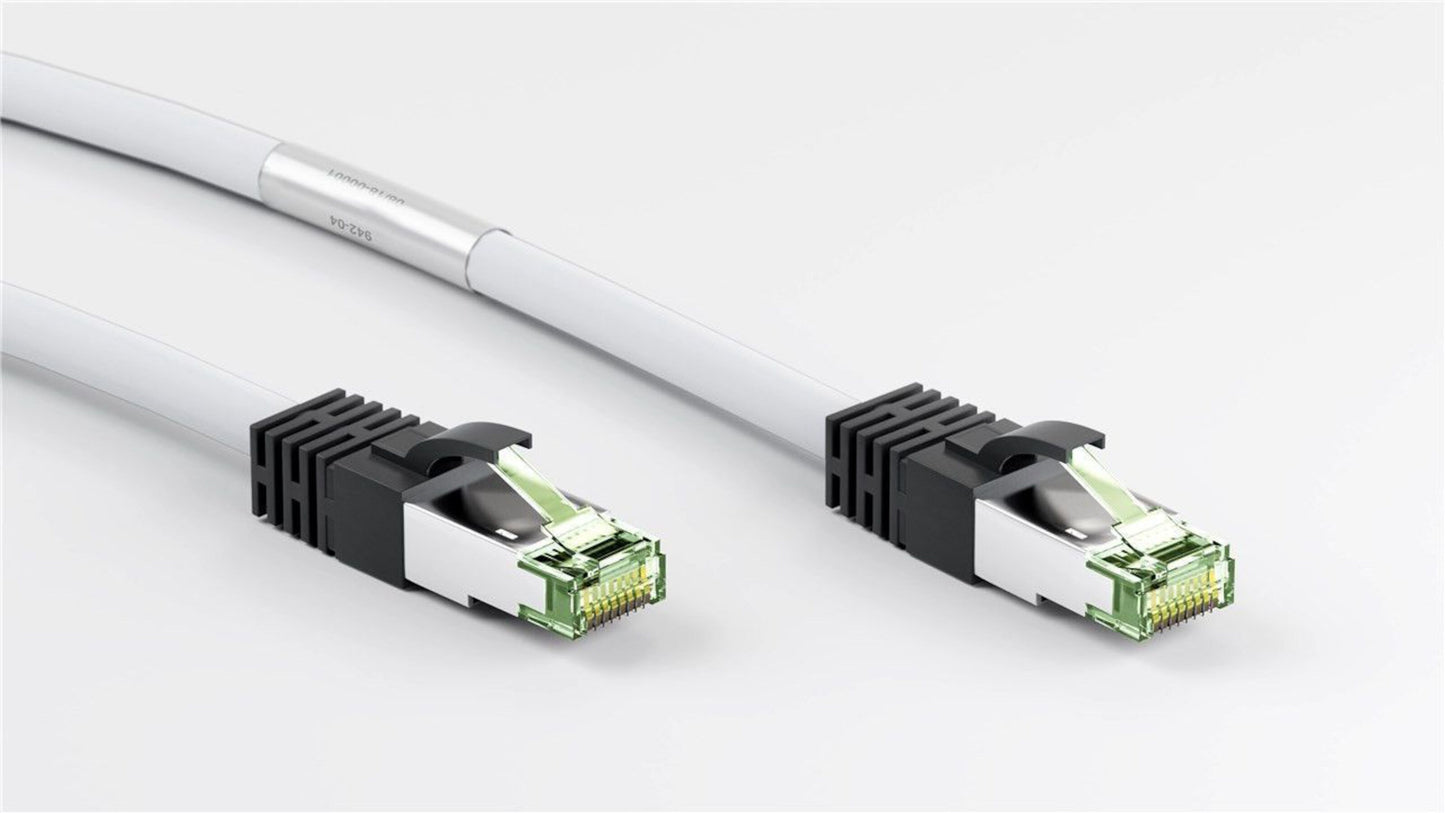 2 hvide Cat 8.1 halogenfri S/FTP-netværkskabler 3 m, sorte og metalliske stik, op til 40 Gb/s.