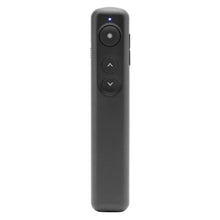 Plexgear Laser præsentator trådløs sort, tre frontknapper (laser, op/ned), blå LED-indikator over knapperne.