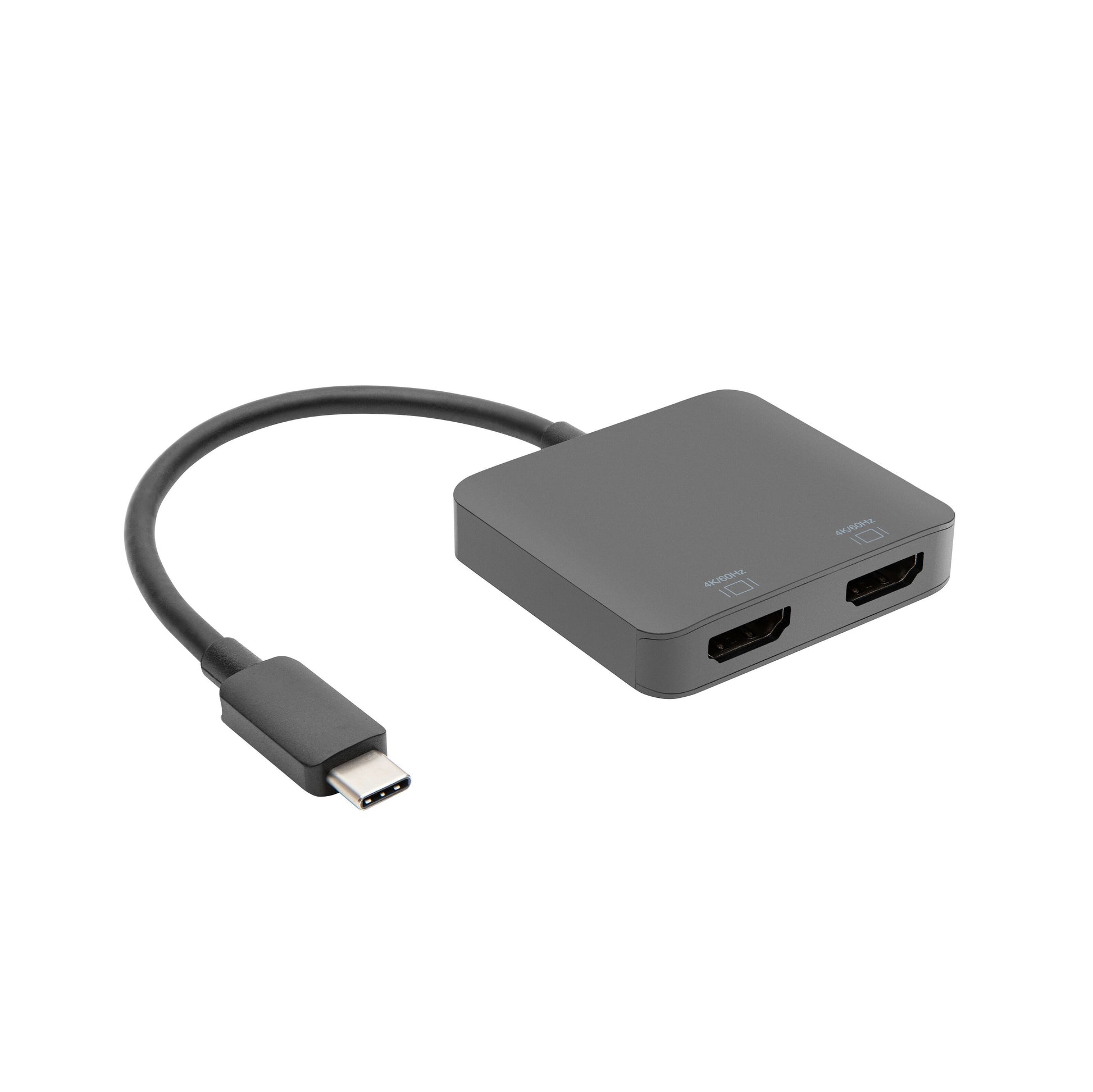 Luxorparts USB-C til HDMI-adapter, grå, kort kabel, til 4K HDMI-porte mærket HDMI 1 og HDMI 2, USB-C-stik.