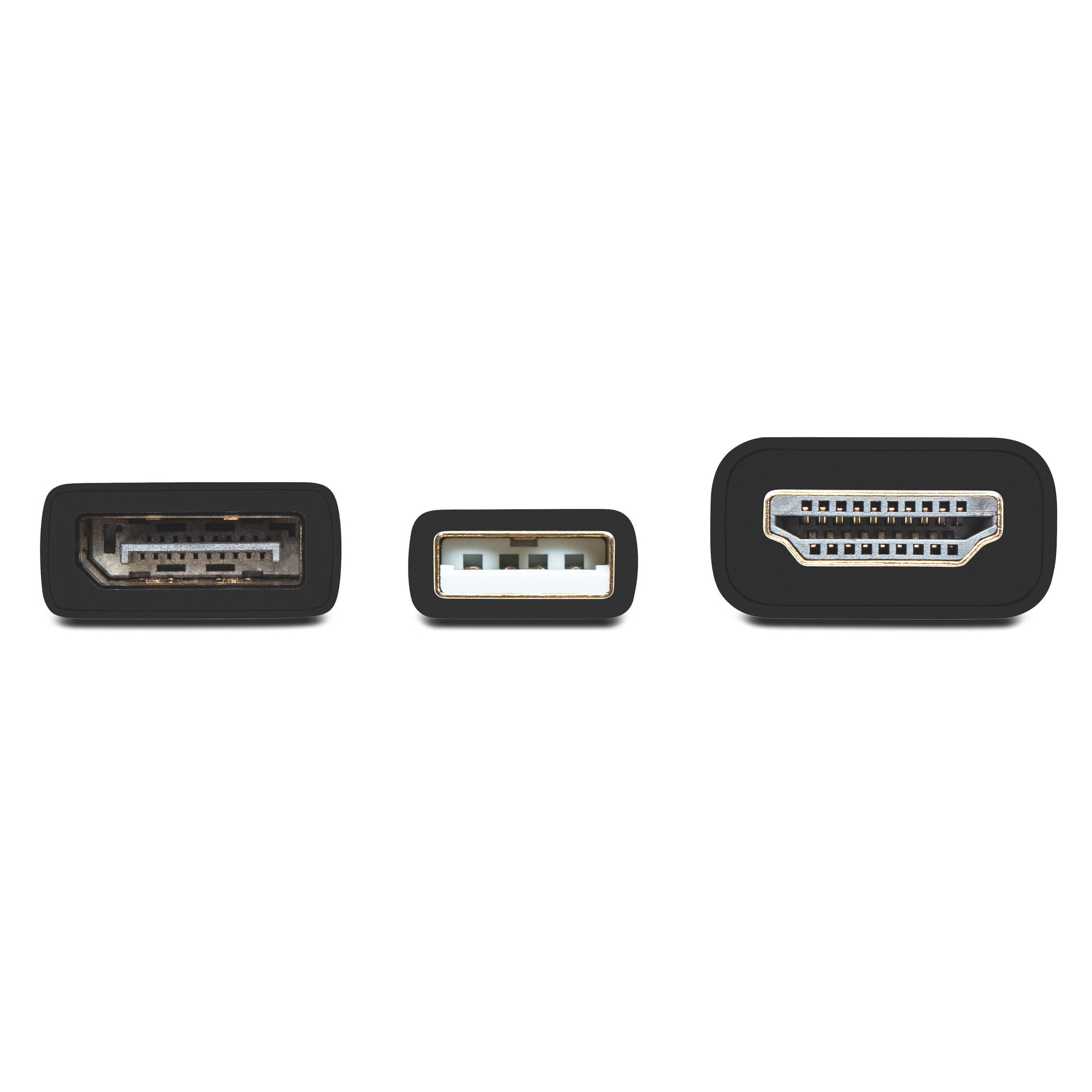 Luxorparts HDMI til DisplayPort aktiv adapter, sorte DisplayPort-, USB-A- og HDMI-stik side om side, til 4K 60Hz.