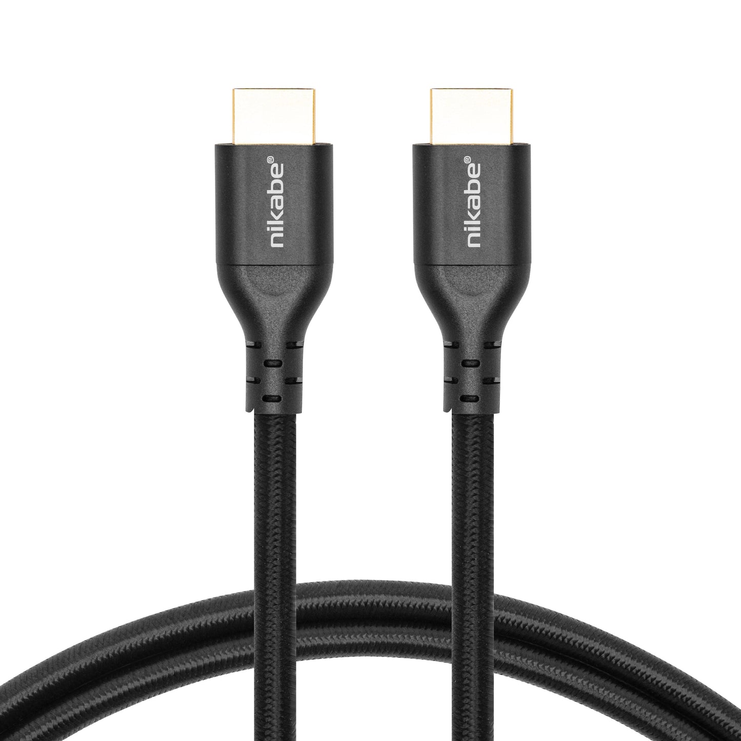 Nikabe HDMI 2.1 kabel 1m, flettet ydre, guldbelagte stik, Nikabe-logo på begge ender, understøtter 8K/60Hz og 4K/120Hz.
