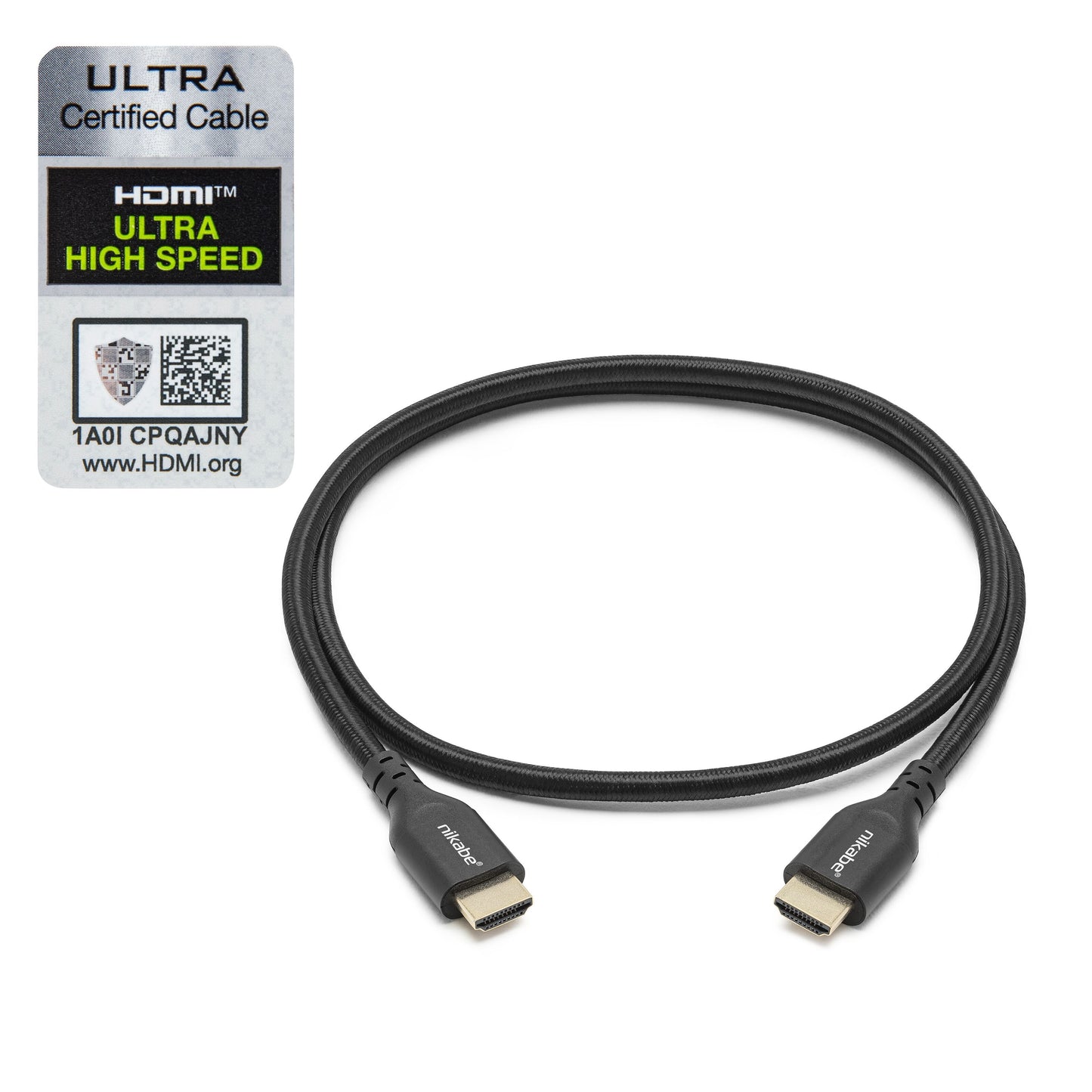 Nikabe HDMI 2.1 kabel 1m sort med stik i begge ender, Ultra High Speed-certificeret label, QR-kode, understøtter 8K/60Hz 4K/120Hz.