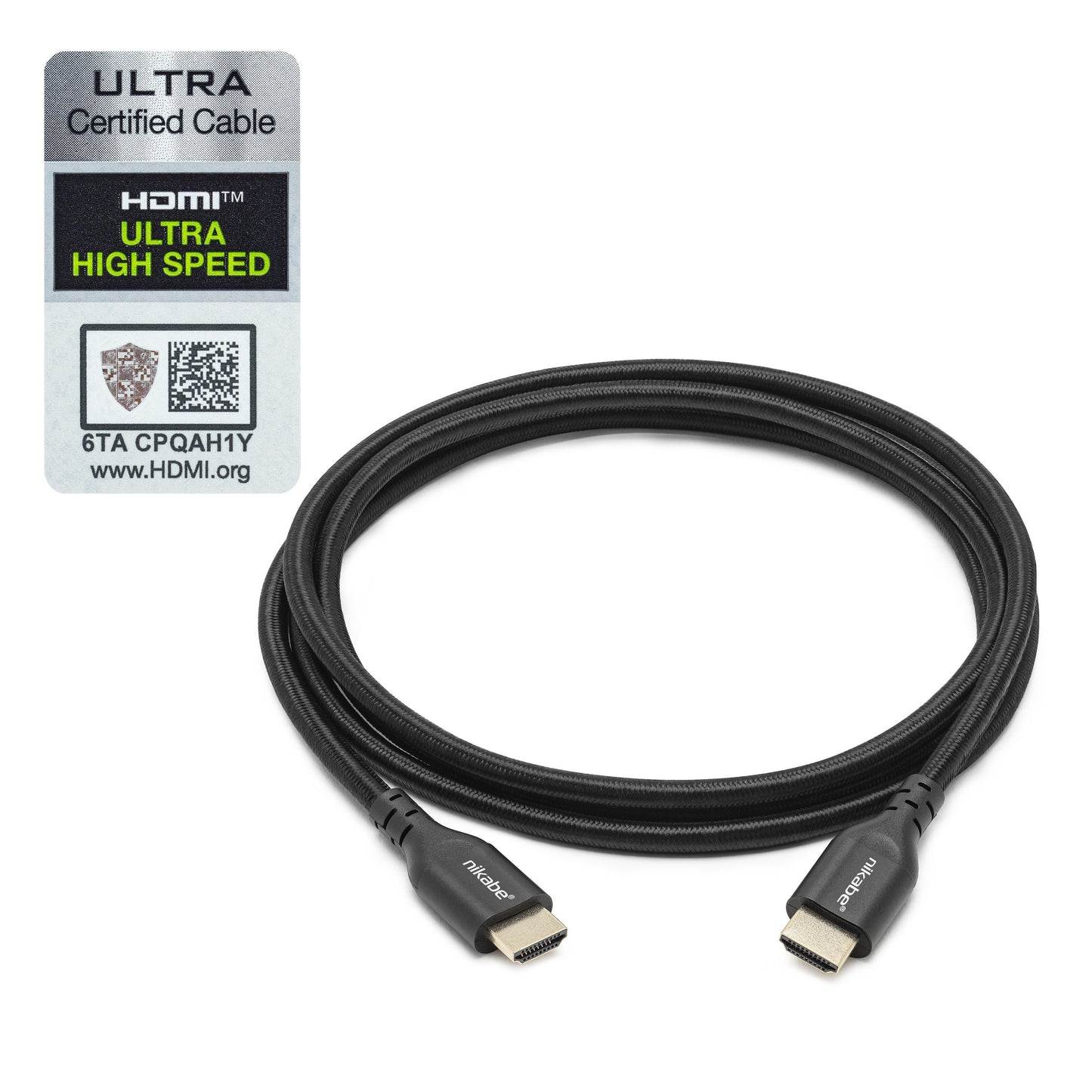 Nikabe HDMI 2.1 kabel 2m sort flet, to stik synlige, Ultra Certified label med QR-kode, understøtter 8K/60Hz og 4K/120Hz.