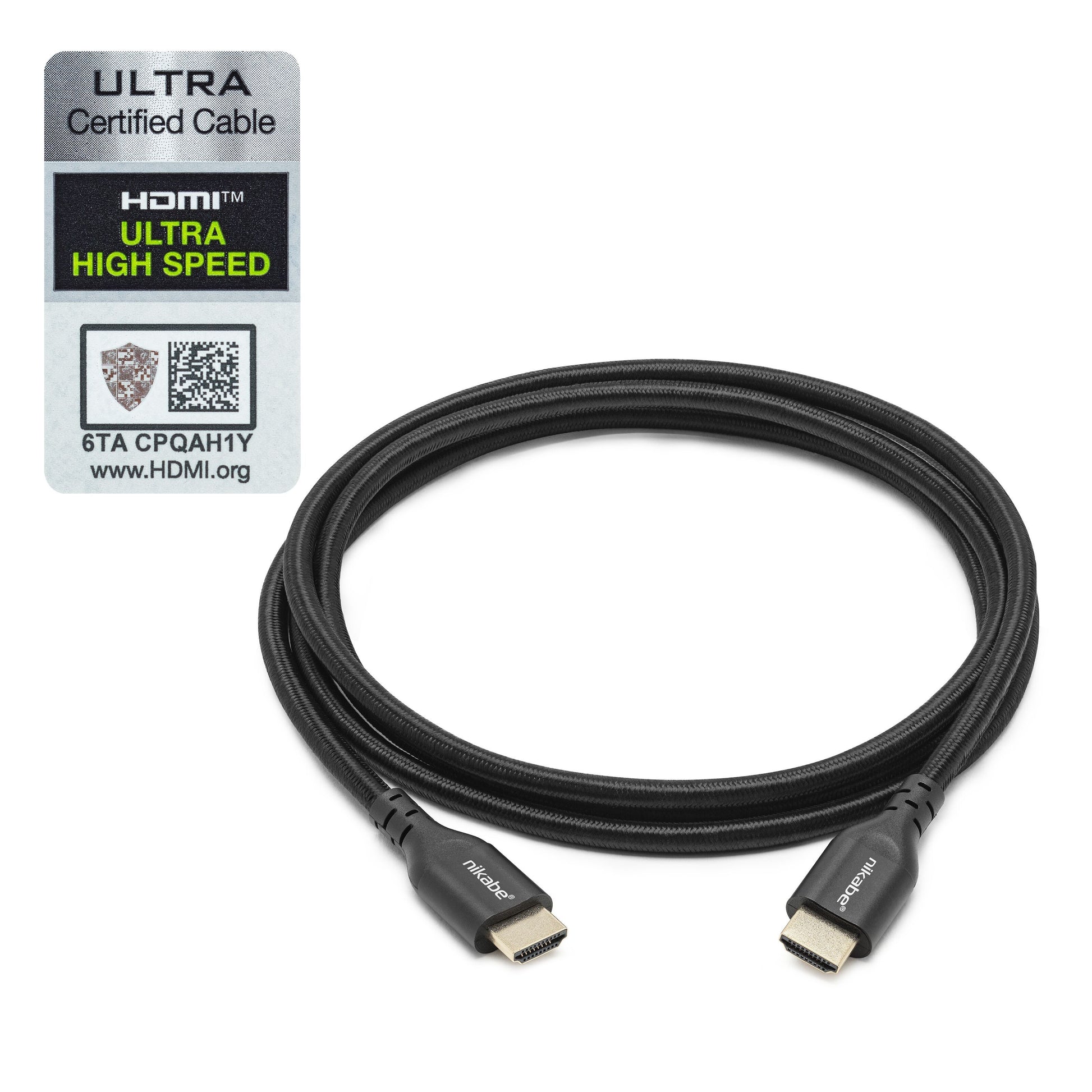 Nikabe HDMI 2.1 kabel 2m sort flet, to stik synlige, Ultra Certified label med QR-kode, understøtter 8K/60Hz og 4K/120Hz.