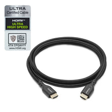 Nikabe HDMI 2.1 kabel 2m sort flet, to stik synlige, Ultra Certified label med QR-kode, understøtter 8K/60Hz og 4K/120Hz.