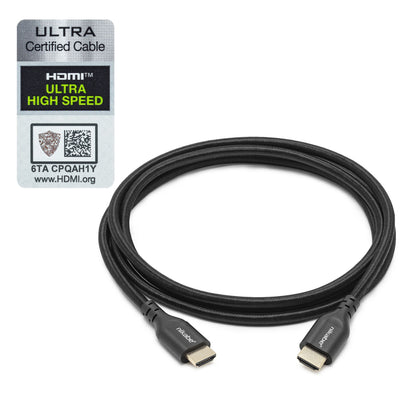 Nikabe HDMI 2.1 kabel 2m sort flet, to stik synlige, Ultra Certified label med QR-kode, understøtter 8K/60Hz og 4K/120Hz.