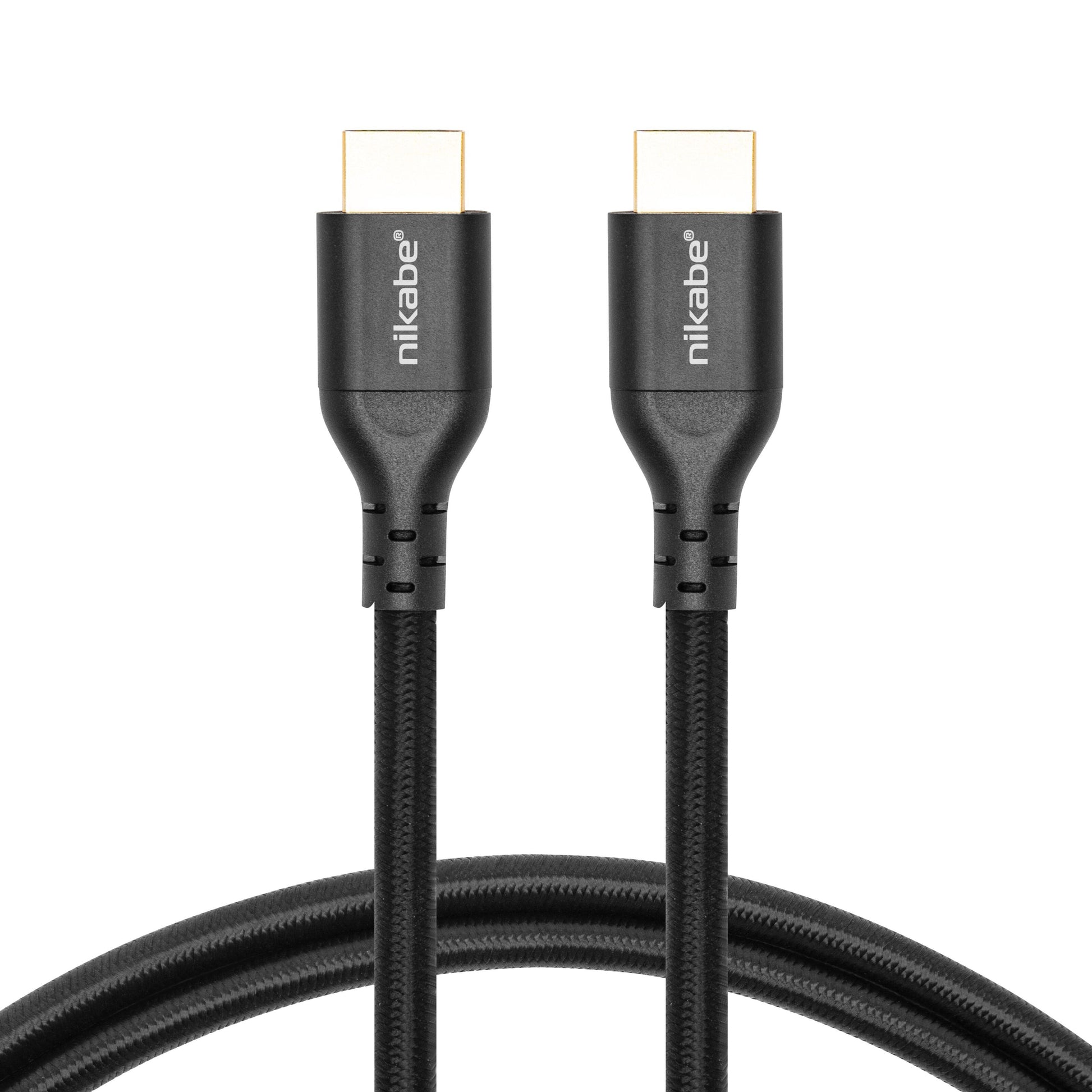HDMI 2.1 kabel 3m sort flettet med guldbelagte stik, understøtter 8K/60Hz og 4K/120Hz, til kabler vises.