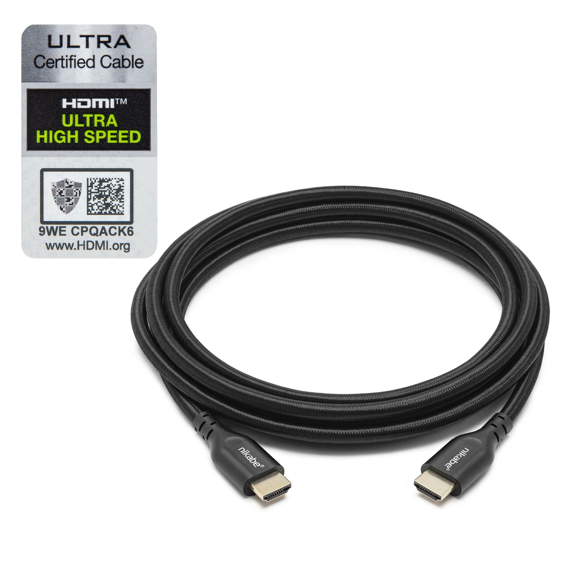 Nikabe HDMI 2.1 kabel 3m sort, Nikabe logo på stik, label viser 8K/60Hz, 4K/120Hz Ultra High Speed support og certificering.