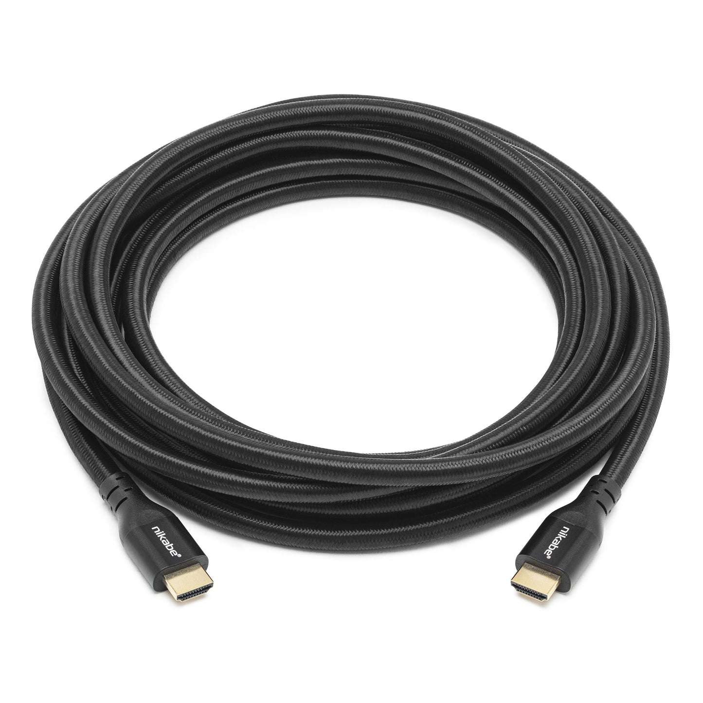 Nikabe HDMI 2.1 kabel sort 5m med guldbelagte stik, 8K/60Hz og 4K/120Hz support, Nikabe-logo ved stik.