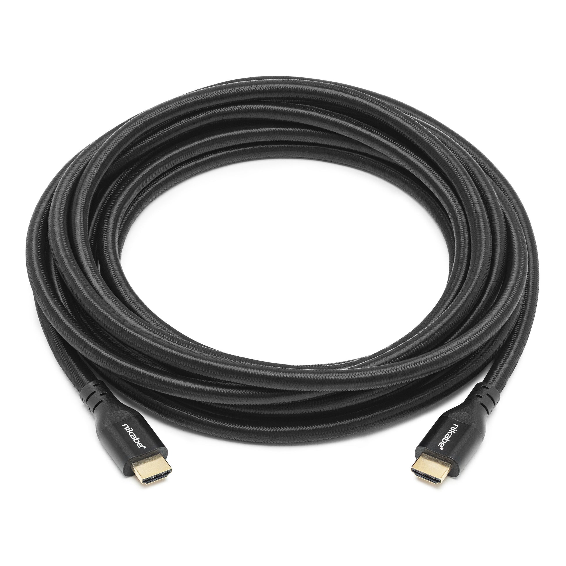 Nikabe HDMI 2.1 kabel sort 5m med guldbelagte stik, 8K/60Hz og 4K/120Hz support, Nikabe-logo ved stik.