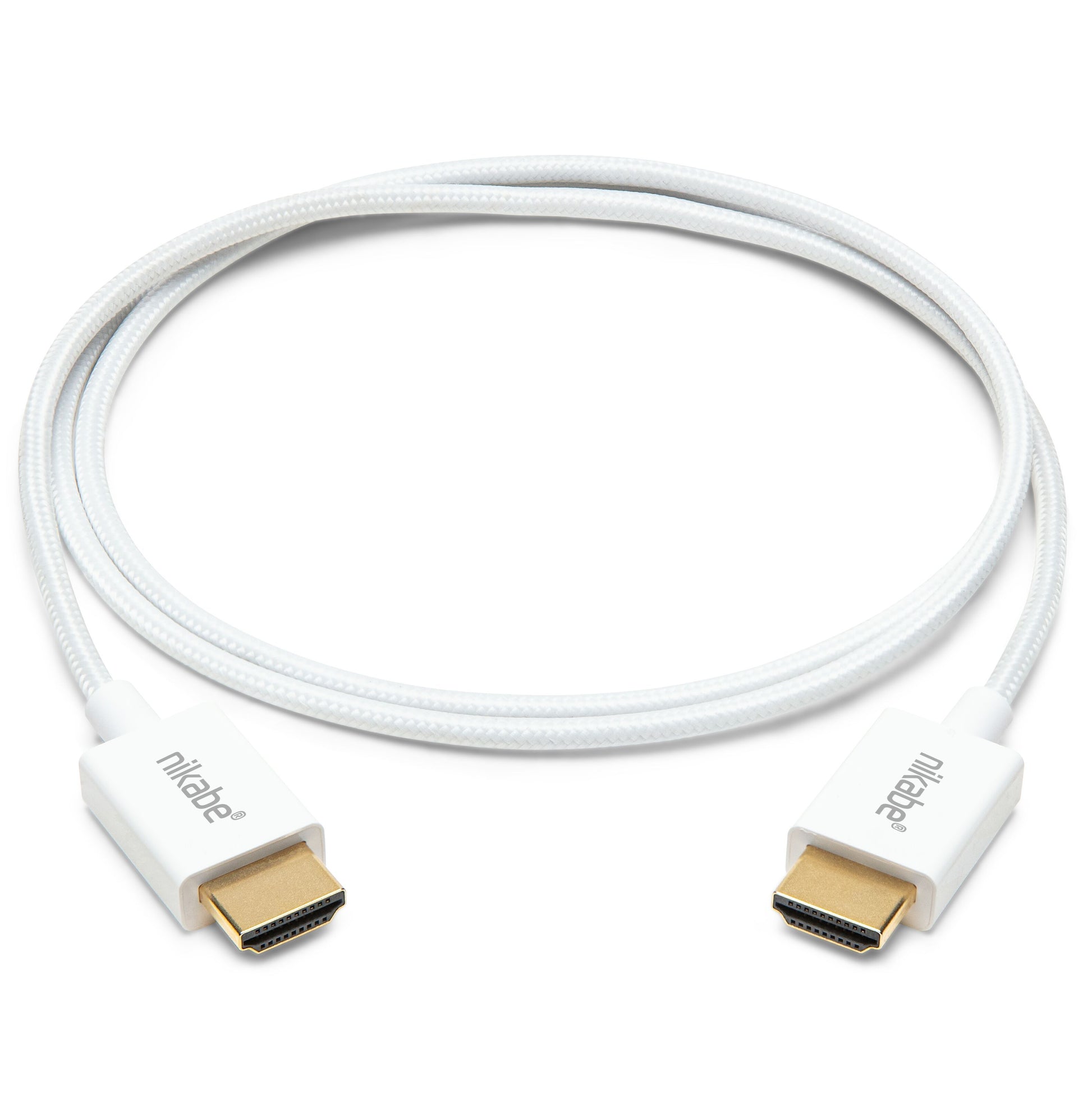 Nikabe Tynd HDMI 2.1-kabel 1 m hvid, guldstik med Nikabe-logo, Ultra Slim High Speed 8K/60 Hz og 4K/120 Hz.