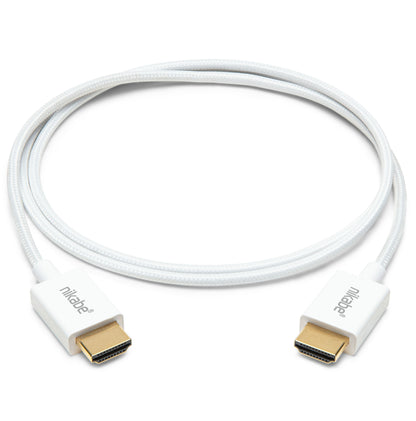 Nikabe Tynd HDMI 2.1-kabel 1 m hvid, guldstik med Nikabe-logo, Ultra Slim High Speed 8K/60 Hz og 4K/120 Hz.