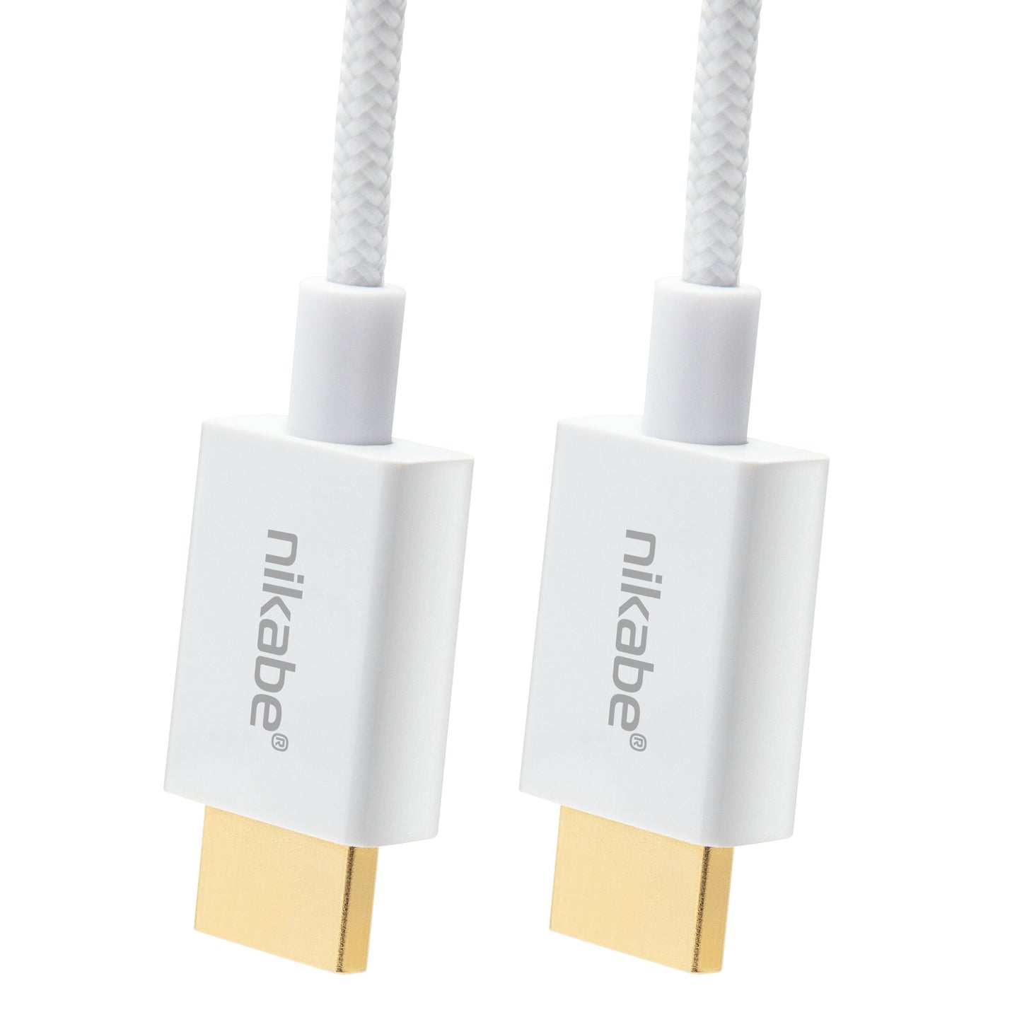 Nikabe HDMI 2.1 kabel 1m hvid flettet, guldbelagte stik, 8K/60Hz og 4K/120Hz, Nikabe-logo på stikket.