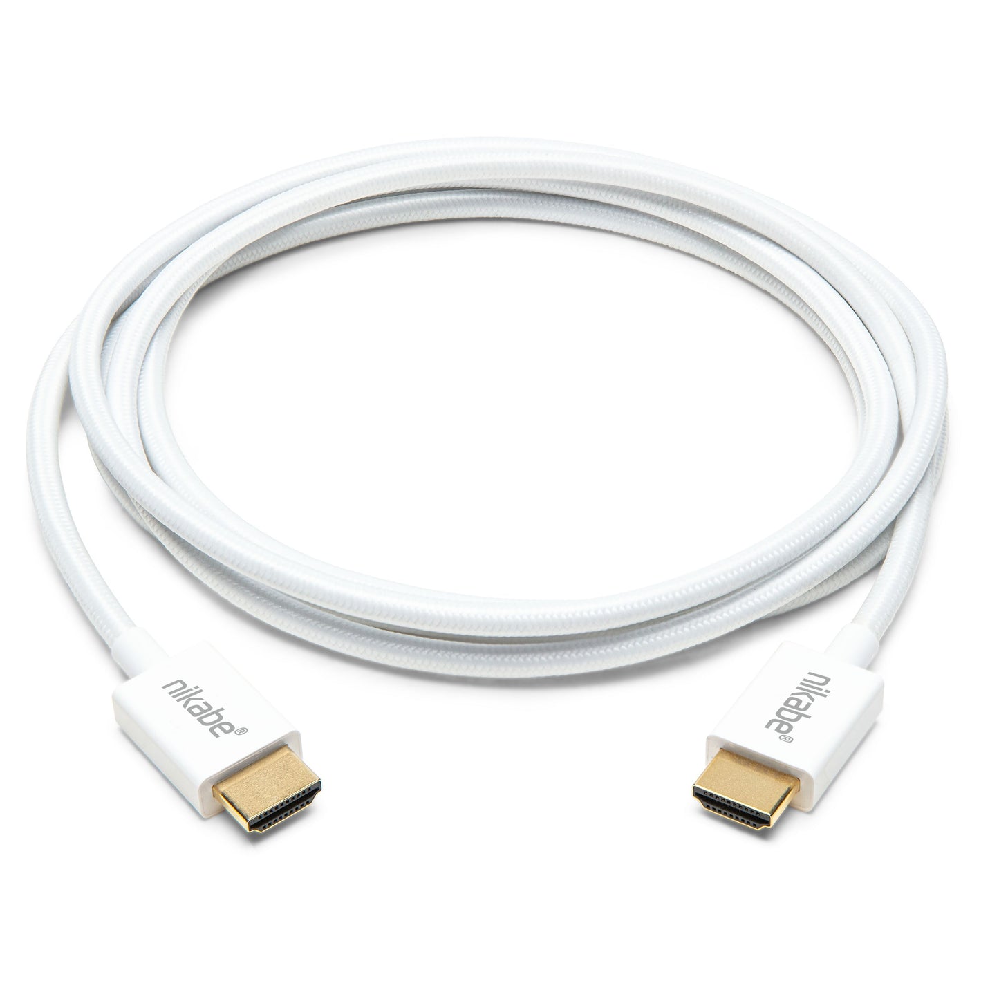 Nikabe Tynd HDMI 2.1 kabel 2m hvid, ultra-slim, guldbelagte stik, 8K/60Hz og 4K/120Hz, Nikabe-logo ved stik.