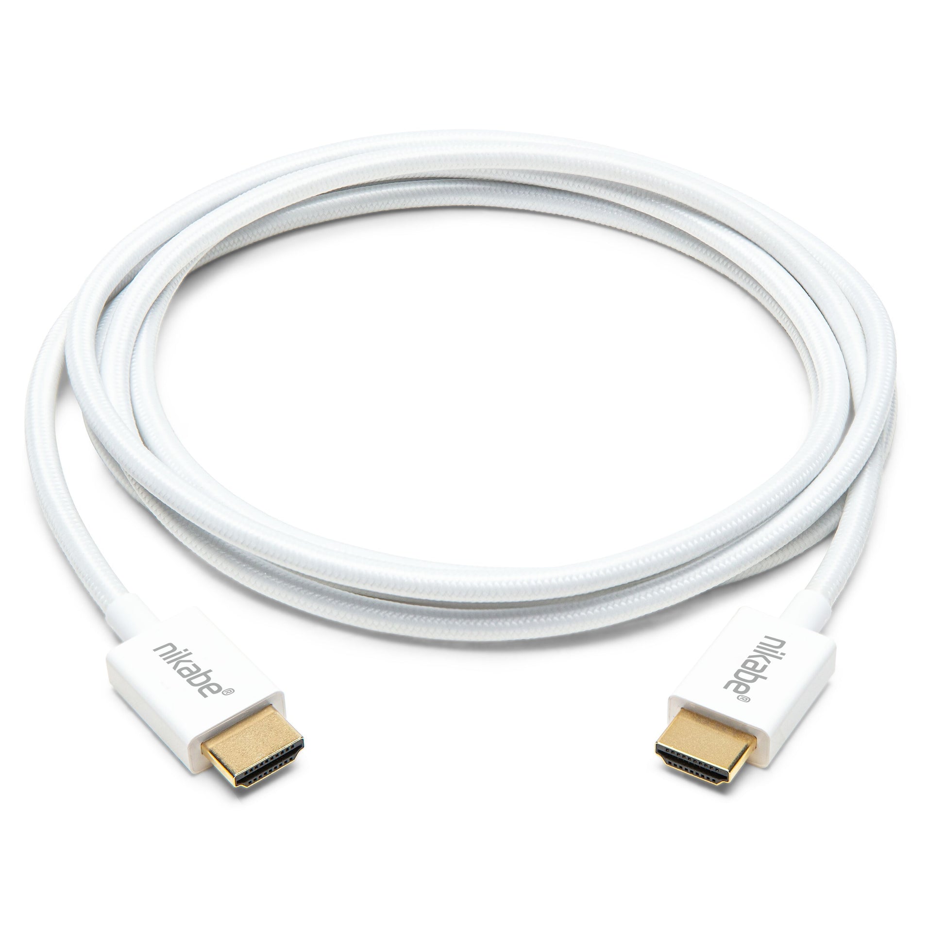 Nikabe Tynd HDMI 2.1 kabel 2m hvid, ultra-slim, guldbelagte stik, 8K/60Hz og 4K/120Hz, Nikabe-logo ved stik.