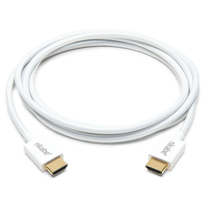 Nikabe Tynd HDMI 2.1 kabel 2m hvid, ultra-slim, guldbelagte stik, 8K/60Hz og 4K/120Hz, Nikabe-logo ved stik.