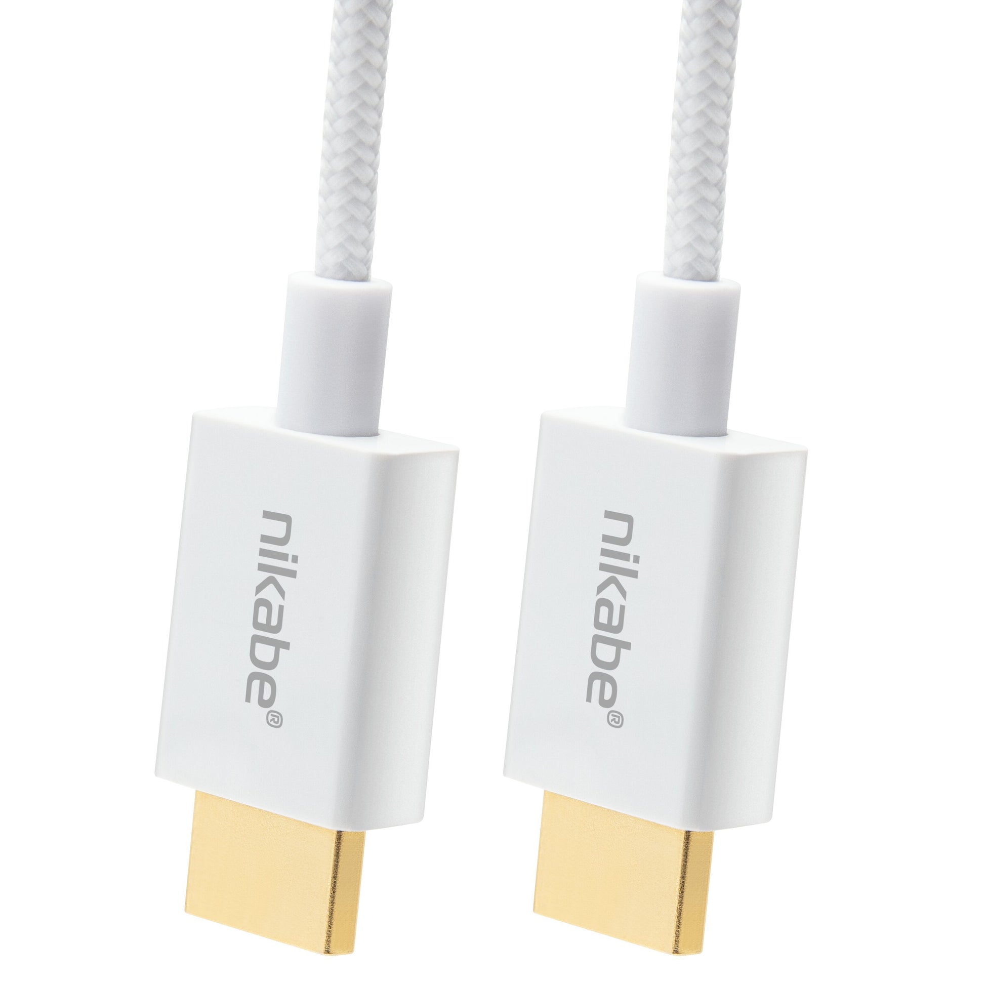 Nikabe HDMI 2.1 kabel 2 m hvid, guldbelagt stik, flettet ydre, grå "nikabe" tekst, op til 8K/60 Hz og 4K/120 Hz.