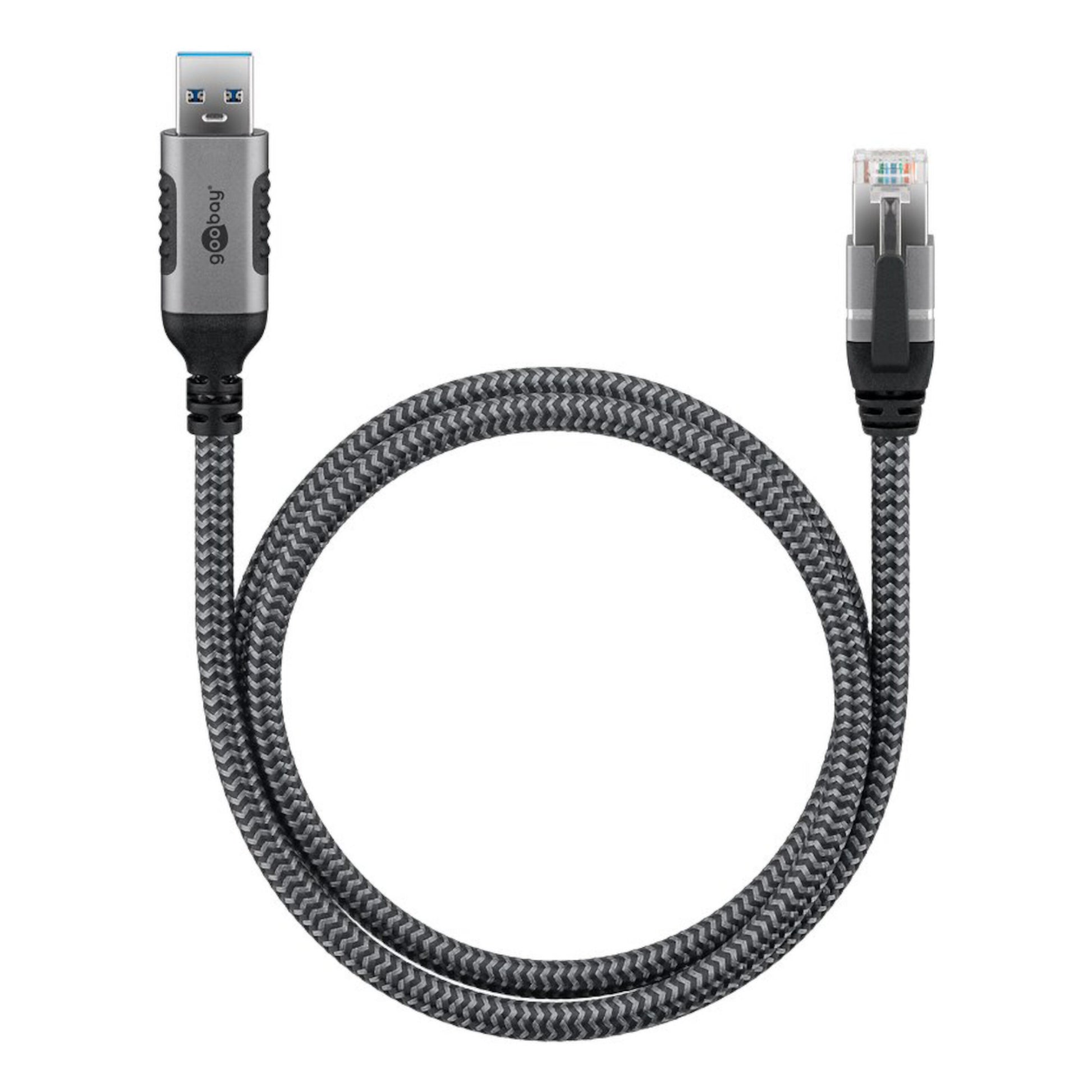 Netværkskabel 1 m flettet med indbygget netværkskort, USB-A 3.0 i den ene ende og Ethernet RJ45 i den anden.