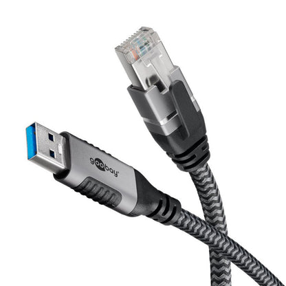 Goobay netværkskabel USB-A til RJ45, 2 m, sort og sølv stik, USB-A og RJ45 porte.