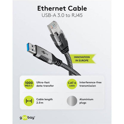 Goobay Cat 6 netværkskabel med USB-A stik, 2 meter, understøtter 1000 Mbit/s, aluminiumsstik.