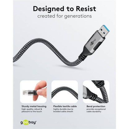 Netværkskabel USB-A til RJ45, 2 m, metalhus, flettet kabel og bøjebeskyttelse.