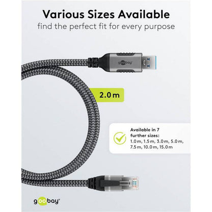 Goobay netværkskabel USB-A 2m, tekst: Forskellige størrelser tilgængelige, liste over gigabit-kabler 1-15 meter.