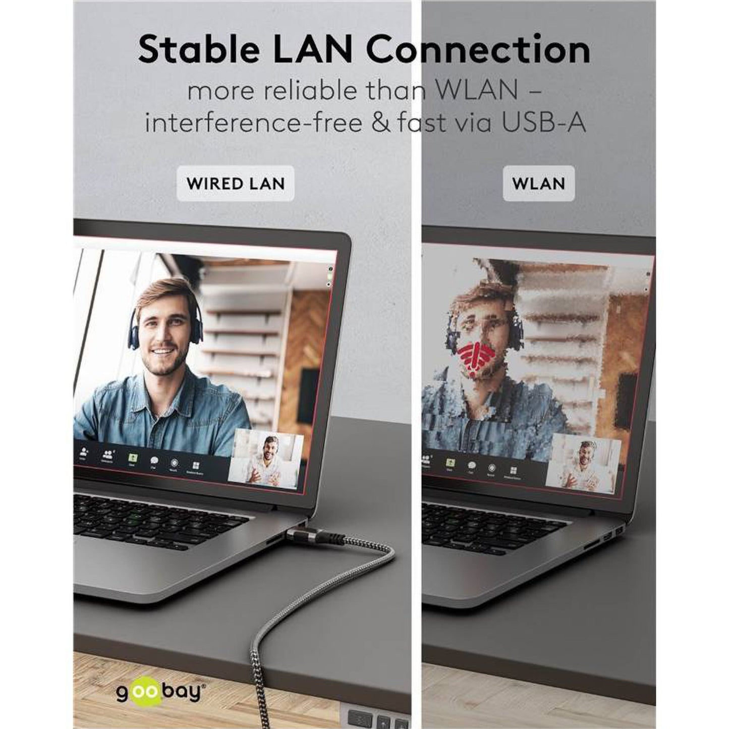 Goobay Netværkskabel USB-A 2m tilslutning vises brugt med laptop, LAN vs WLAN videokvalitet, stabil kabelforbindelse.