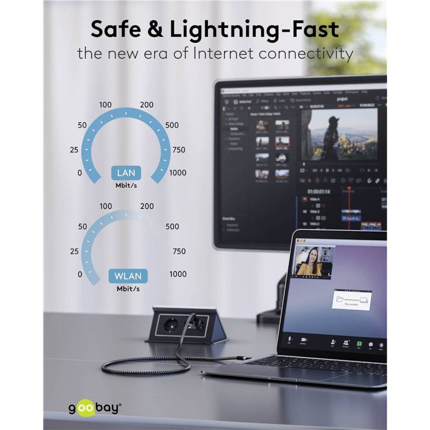 Goobay netværkskabel USB-A 2 m vises, LAN/WLAN 1000 Mbit/s, desktop og laptop til videoredigering og opkald.