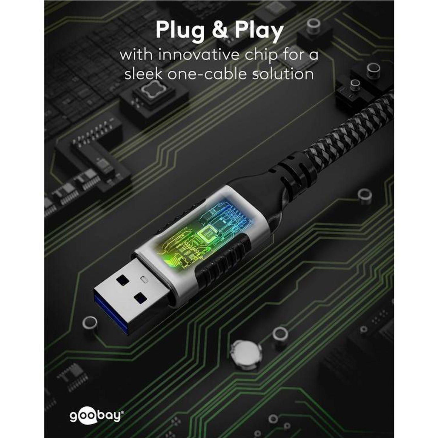 Netværkskabel USB-A 2m med transparent sektion og synlig chip på printpladebaggrund.