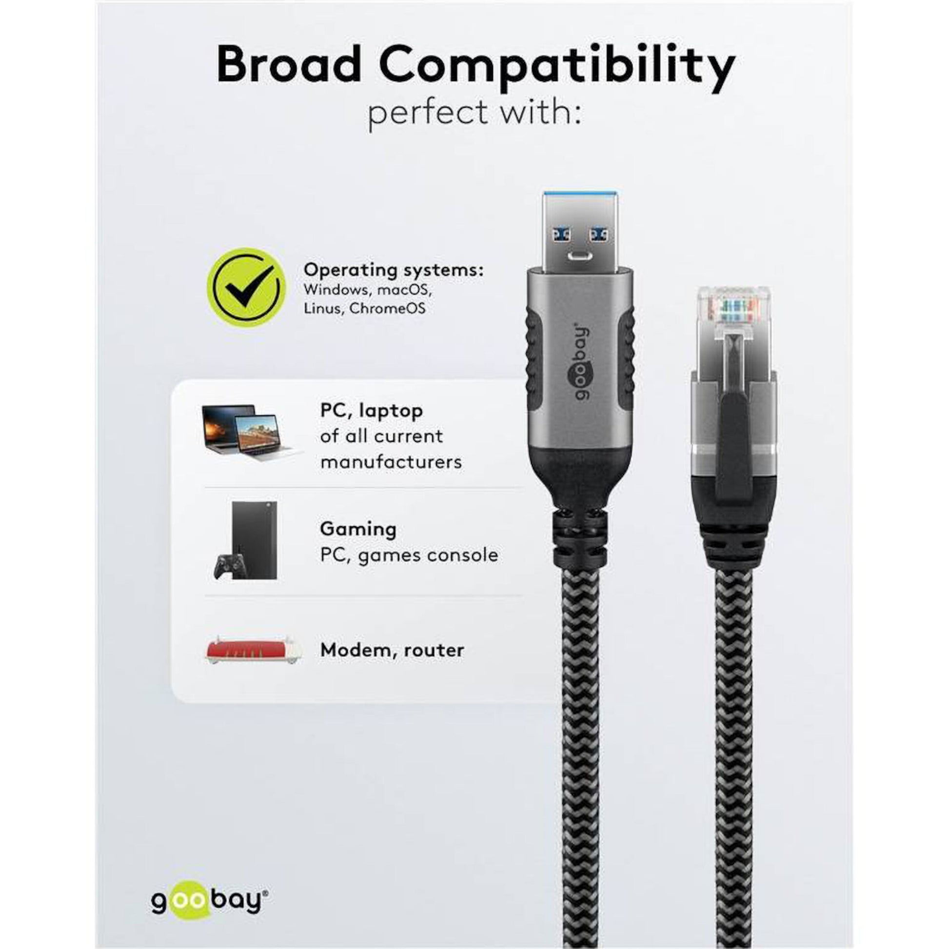 Goobay netværkskabel USB-A til Ethernet 2 m, synlige stik, kompatibel med Windows, macOS, Linux, ChromeOS.