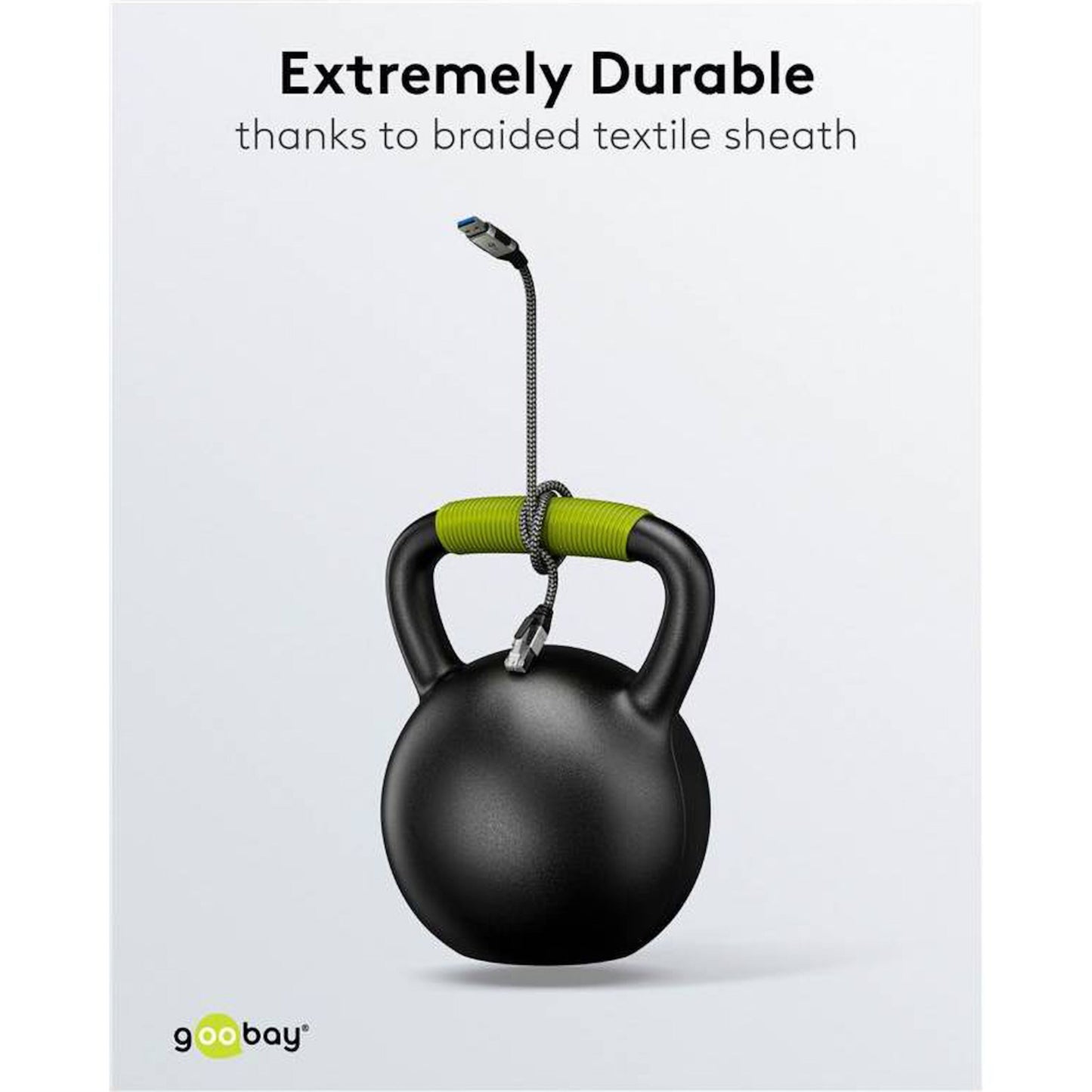 Goobay Netværkskabel USB-A, 2 m, sort flettet, vises med grøn-kettlebell greb og Goobay-logo.