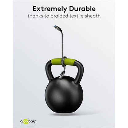 Goobay Netværkskabel USB-A, 2 m, sort flettet, vises med grøn-kettlebell greb og Goobay-logo.