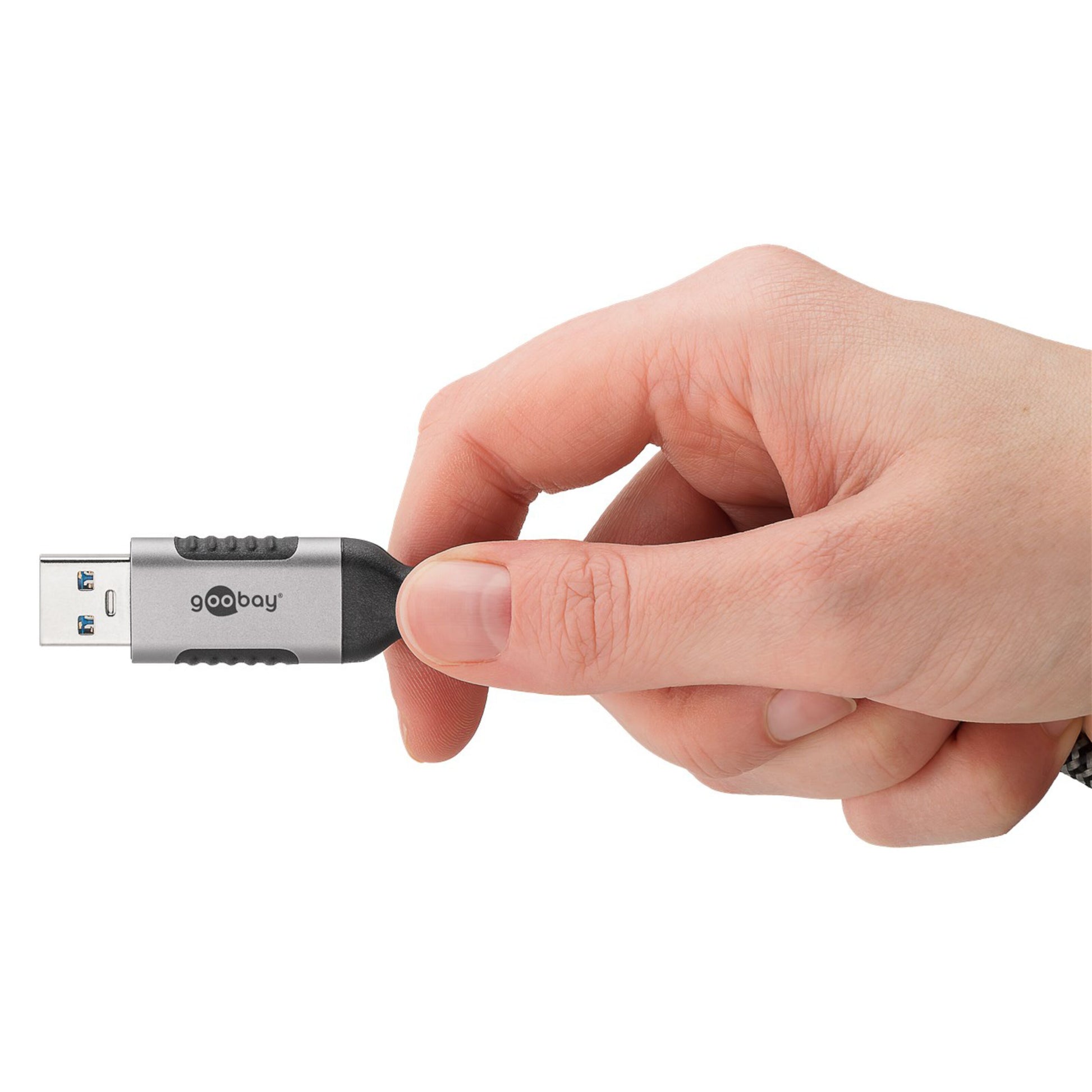 Goobay netværkskabel USB-A 2 m, sort og sølv, USB-stik synligt.