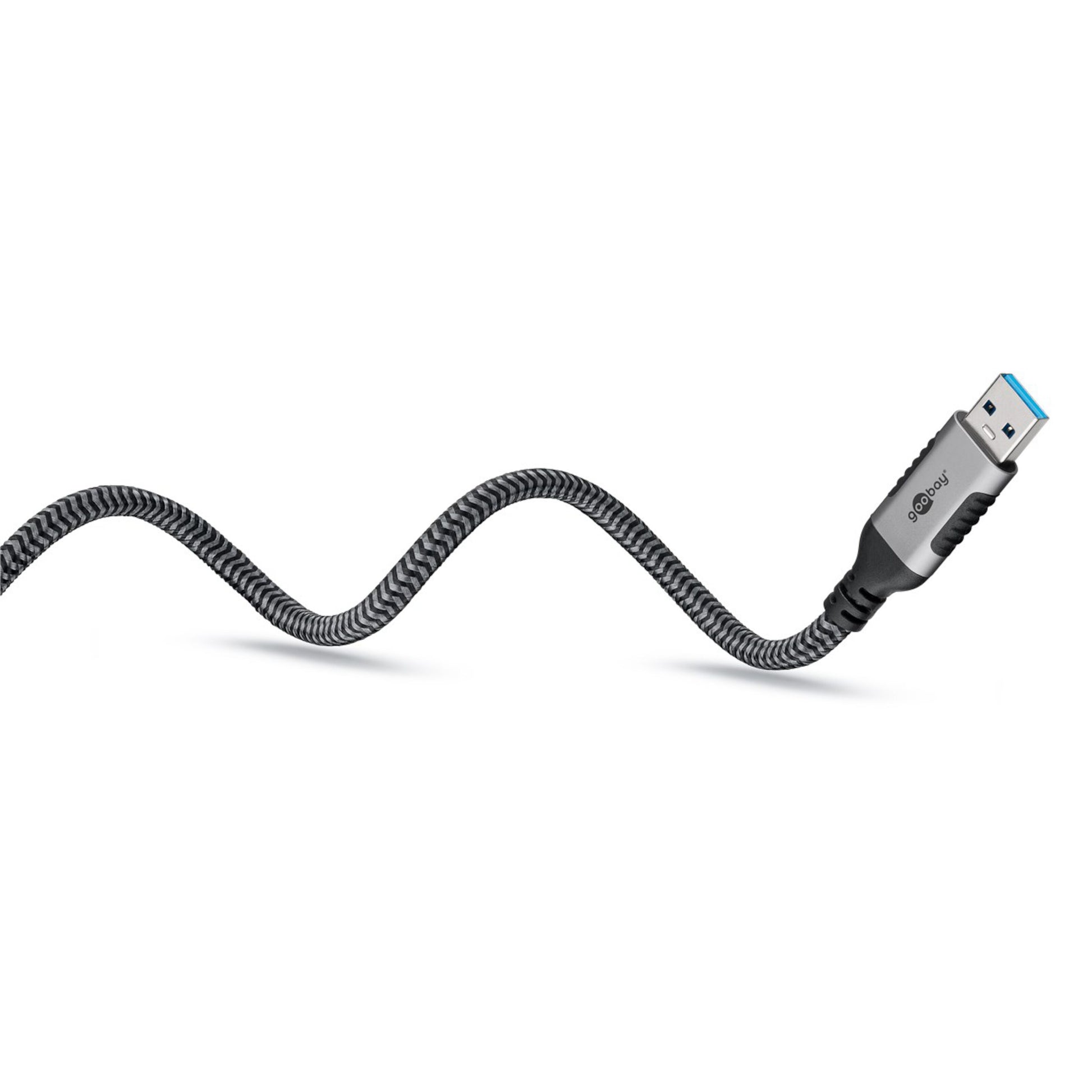 Goobay netværkskabel USB-A, 2m, sølv-sort fletning, synligt USB-A-stik velegnet til gigabit netværk.