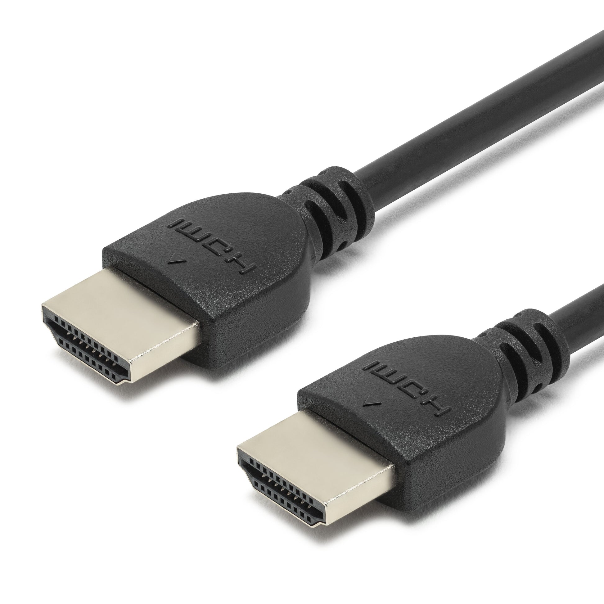 2 stk. sorte HDMI 2.0 kabler 7,5m med synlige HDMI-logoer, stik vender fremad, understøtter Ultra HD 4K/60Hz og ARC.