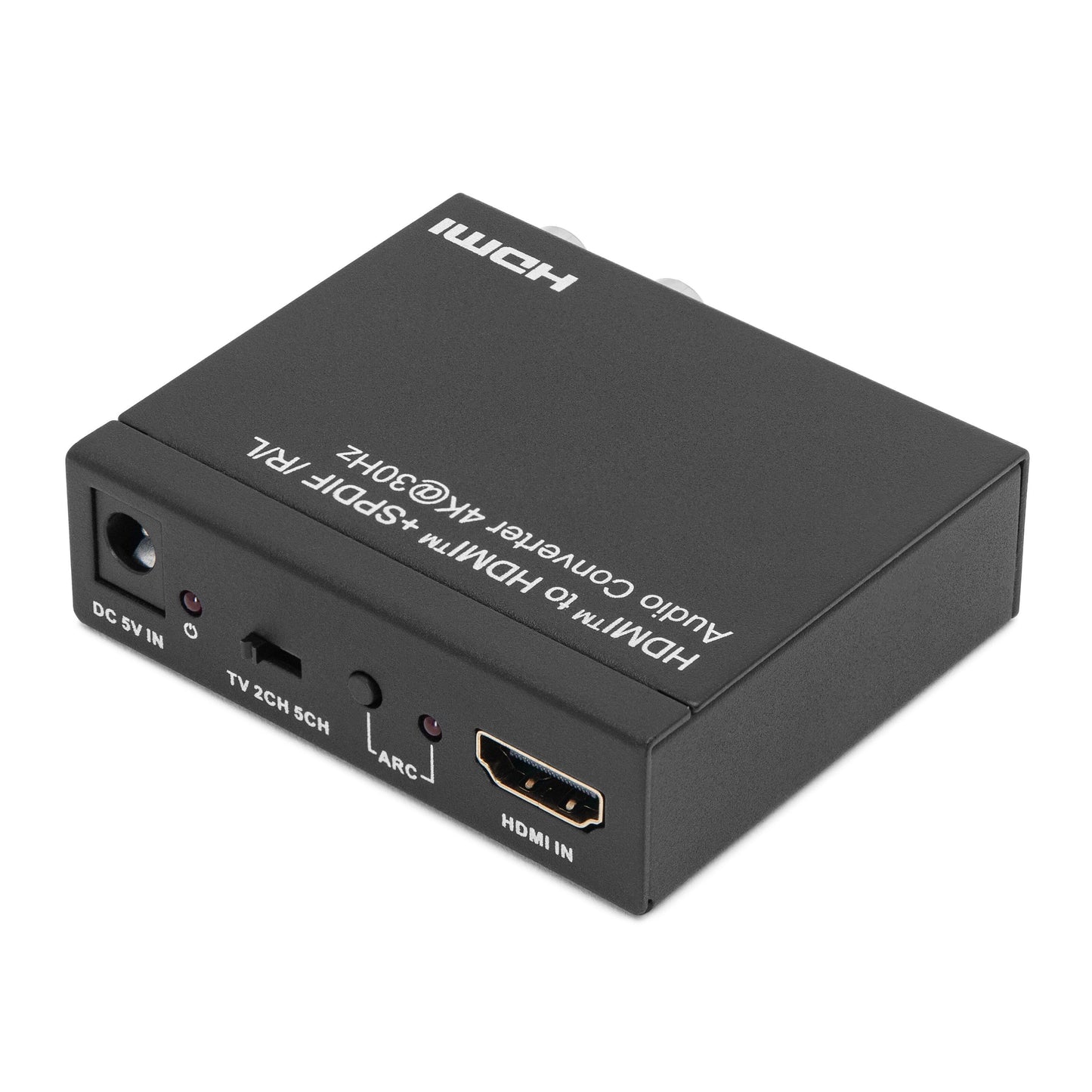 Luxorparts HDMI lydudtrækker sort 4K med port til DC 5V, TV 2CH/5.1CH, ARC, SPDIF, R/L og HDMI IN hvid tekst på top.