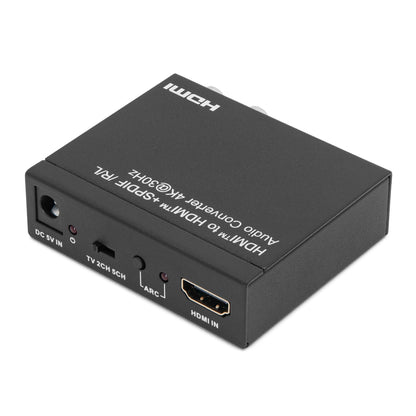 Luxorparts HDMI lydudtrækker sort 4K med port til DC 5V, TV 2CH/5.1CH, ARC, SPDIF, R/L og HDMI IN hvid tekst på top.