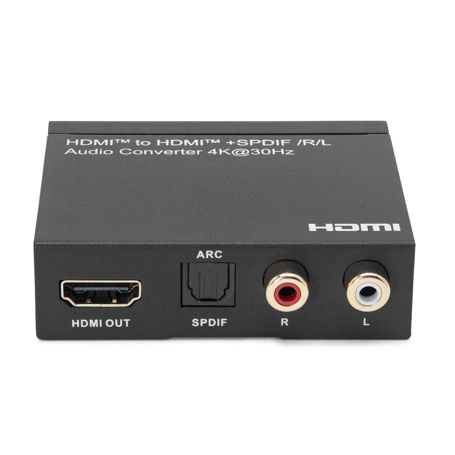 Luxorparts sort 4K HDMI lydudtrækker med HDMI OUT, SPDIF, ARC og R/L porte på front til HDMI + SPDIF/RCA audio.