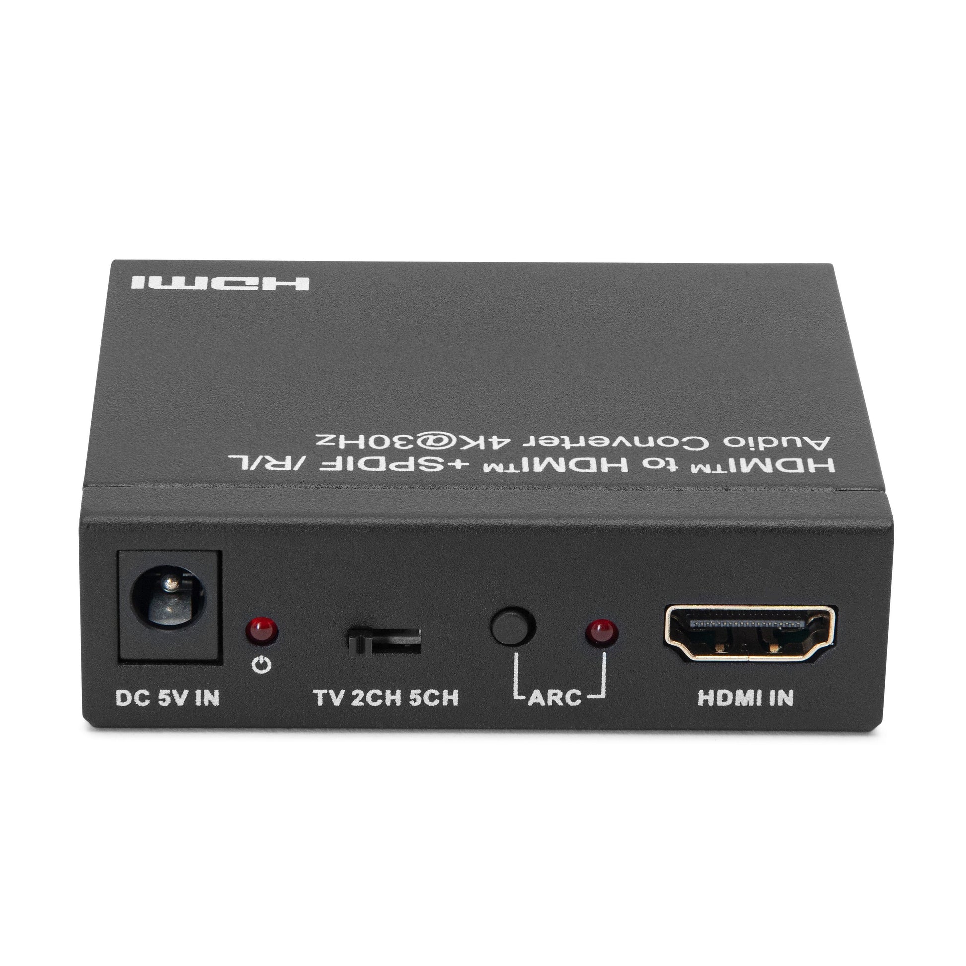 Luxorparts HDMI lydudtrækker sort 4K med porte: DC 5V IN, TV 2CH/5CH, ARC, HDMI IN bagtil.