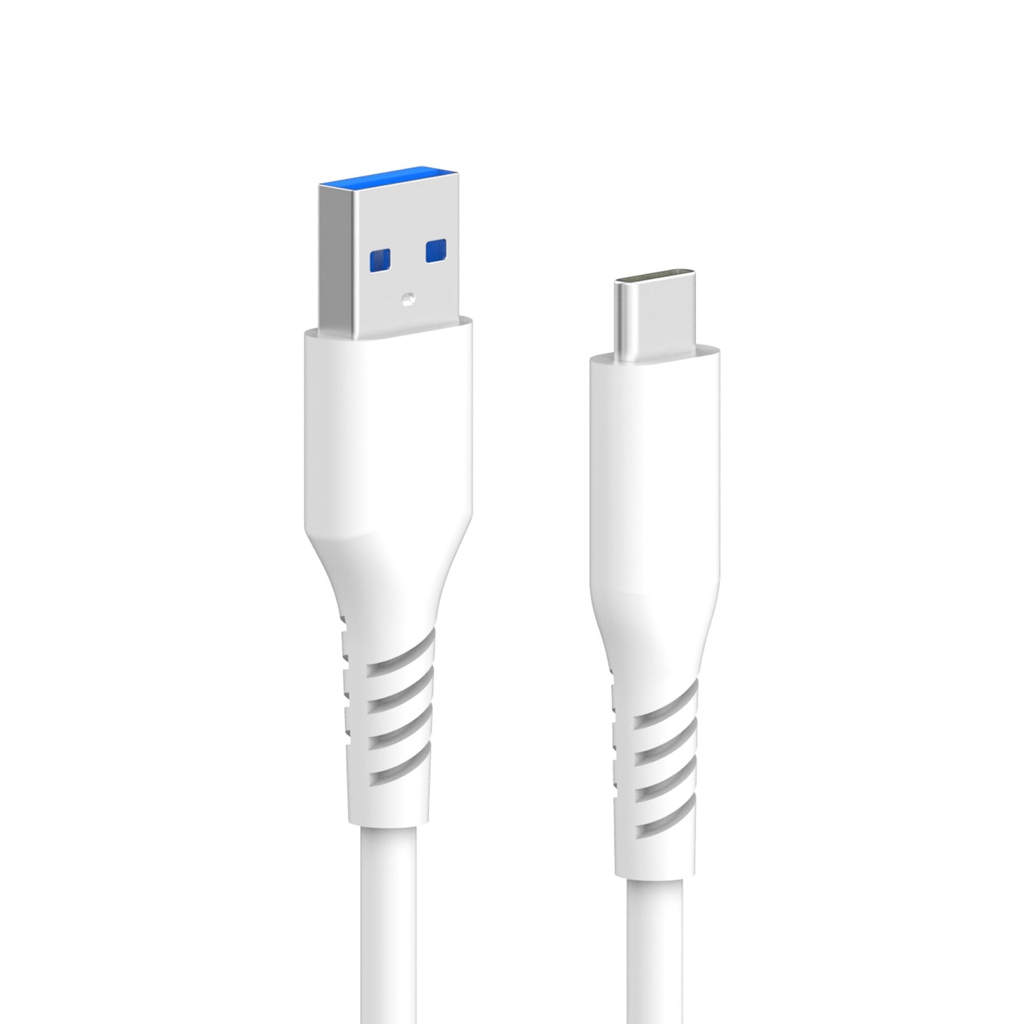 Linocell USB-A til USB-C 3.0 kabel 1 m hvid med blå USB-A og sølv USB-C stik, robust trækaflastning, opladning/data.
