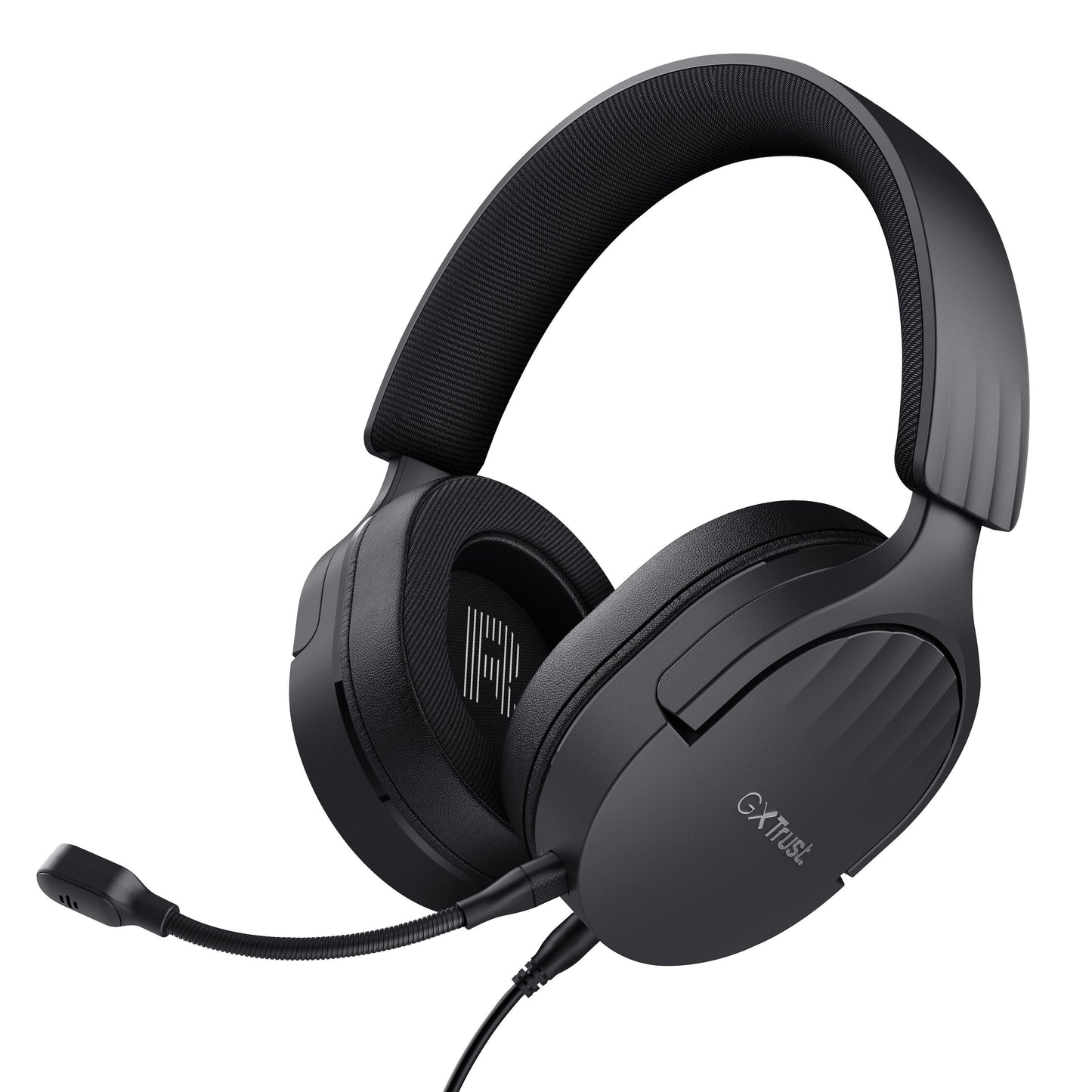 Trust GXT 489 Fayzo gaming-headset sort over-ear med polstret hovedbøjle, aftagelig mikrofon, kabel og GXT 404-logo.