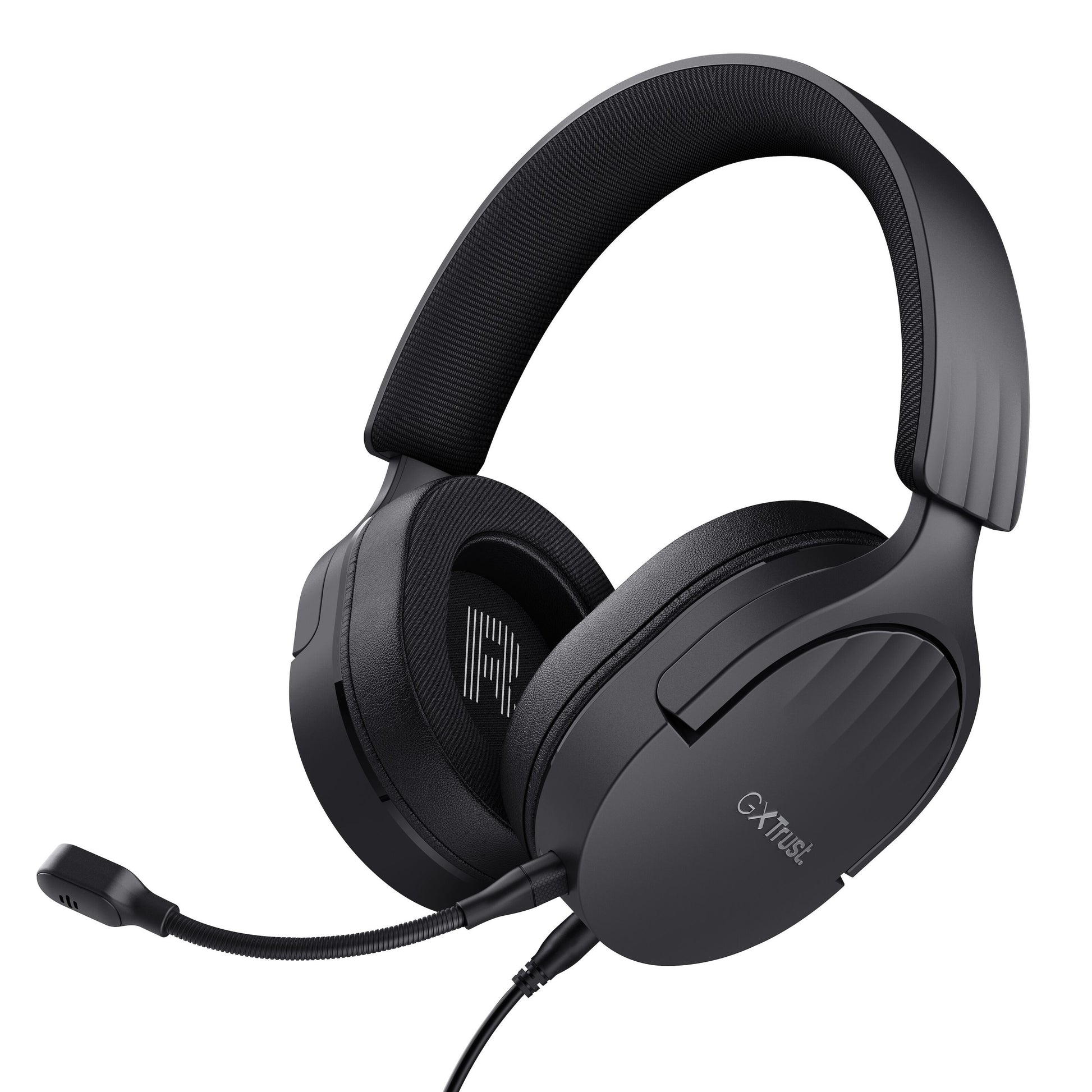 Trust GXT 489 Fayzo gaming-headset sort over-ear med polstret hovedbøjle, aftagelig mikrofon, kabel og GXT 404-logo.