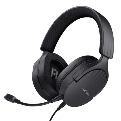 Trust GXT 489 Fayzo gaming-headset sort over-ear med polstret hovedbøjle, aftagelig mikrofon, kabel og GXT 404-logo.