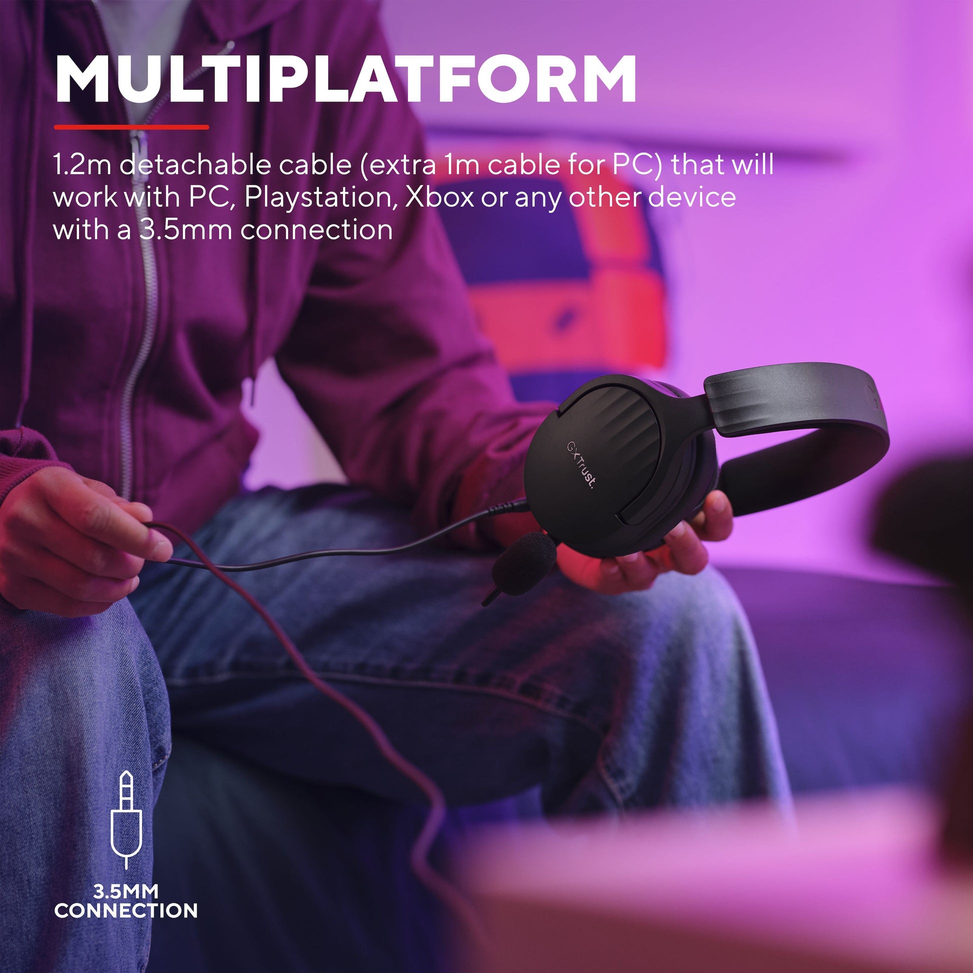 Trust GXT 489 Fayzo gaming-headset sort, tilsluttes via 3,5 mm jack, kompatibel med PC, PlayStation, Xbox.