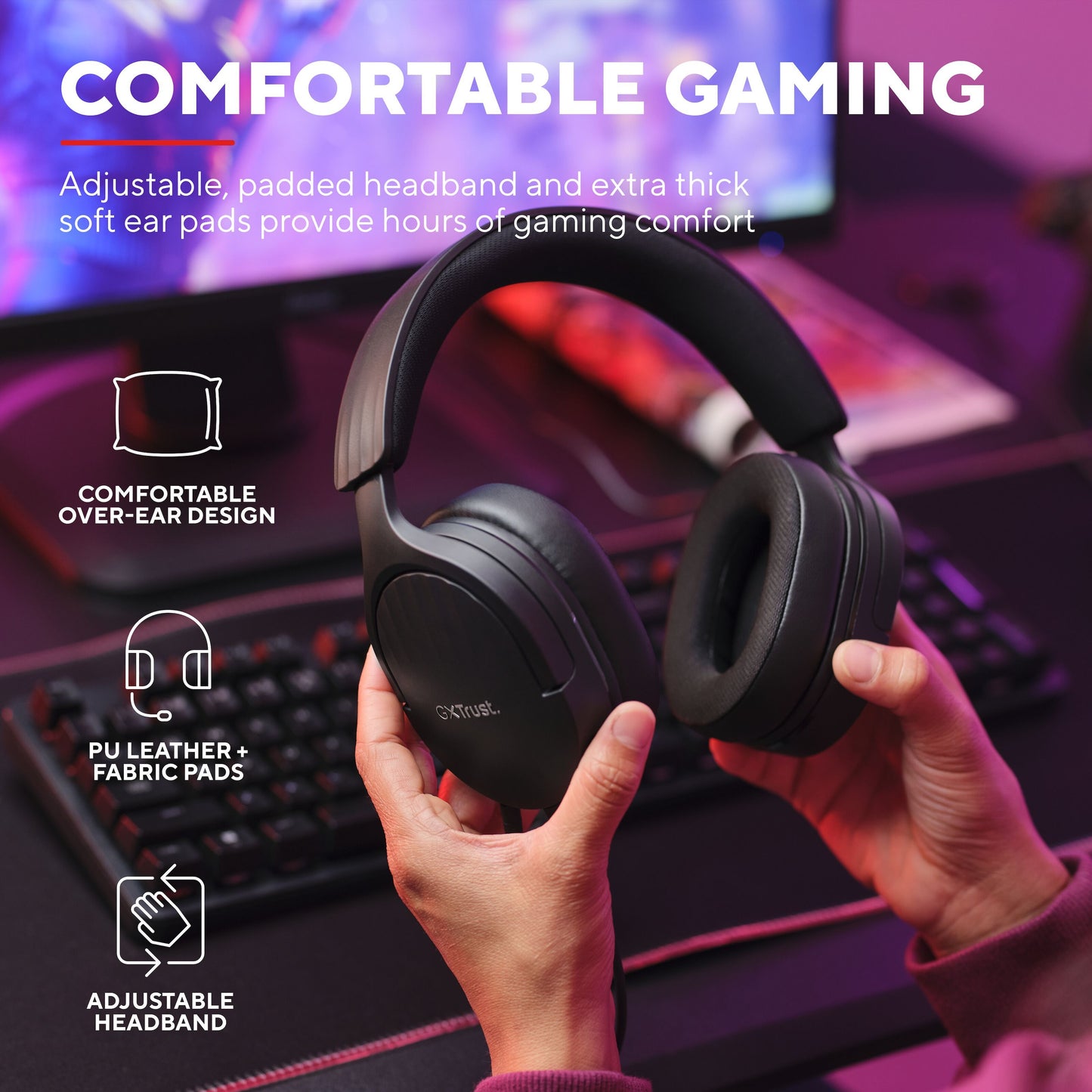Trust GXT 489 Fayzo gaming-headset, pink/lilla lys, polstrede PU/stof ørepuder, justerbart headset, aftagelig mikrofon.