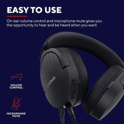 Trust GXT 489 Fayzo gaming-headset sort, on-ear lydstyrke, aftagelig mikrofon, mic mute vises med logo og modelnavn.
