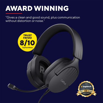 Trust GXT 489 Fayzo Gaming-headset sort med aftagelig mikrofon, modelnavn synligt.