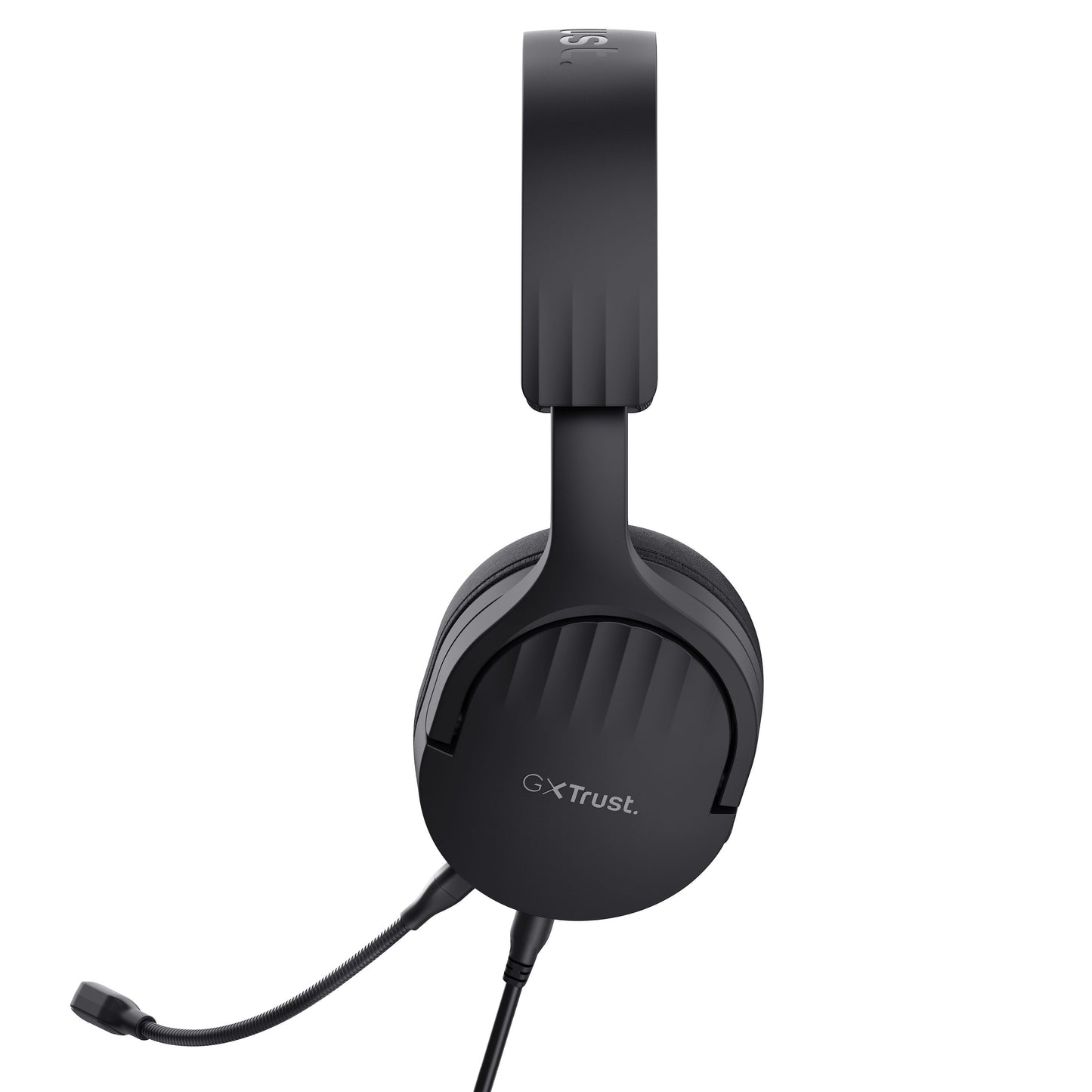 Trust GXT 489 Fayzo gaming headset sort, over-ear design, indbygget mikrofon, GXT logo på ørekoppen, sideview.