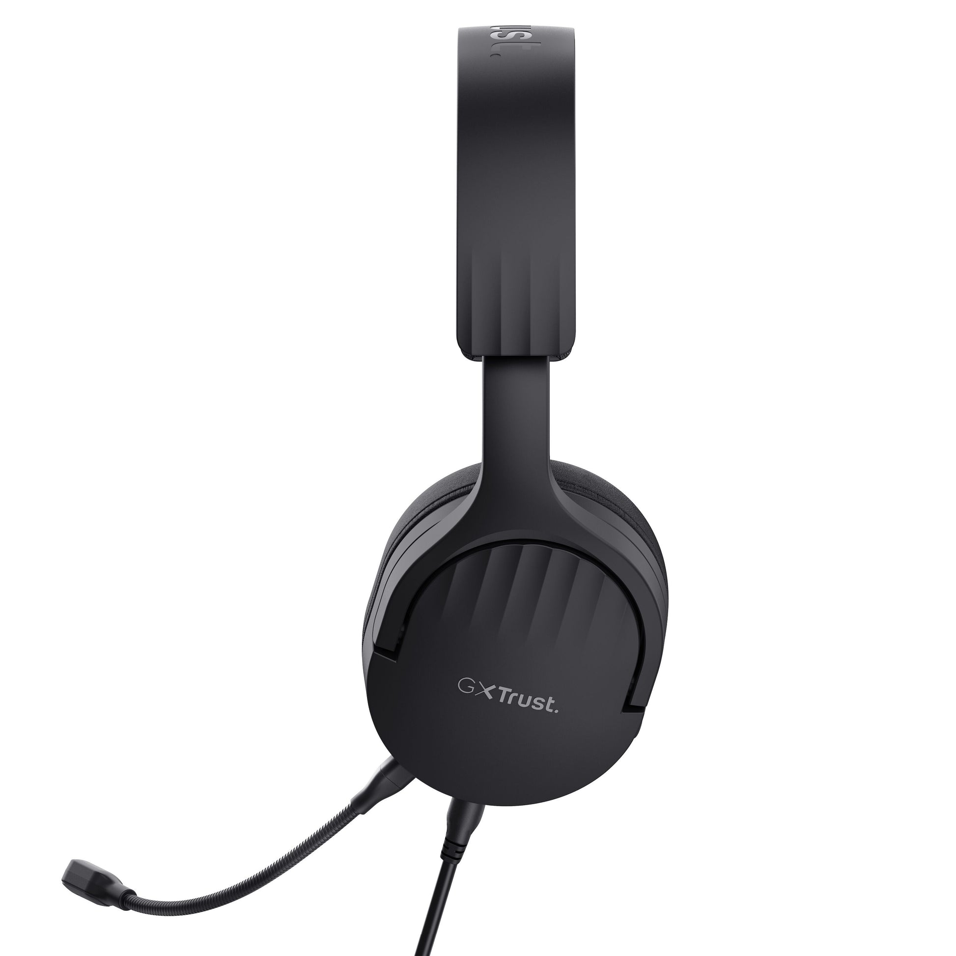 Trust GXT 489 Fayzo gaming headset sort, over-ear design, indbygget mikrofon, GXT logo på ørekoppen, sideview.