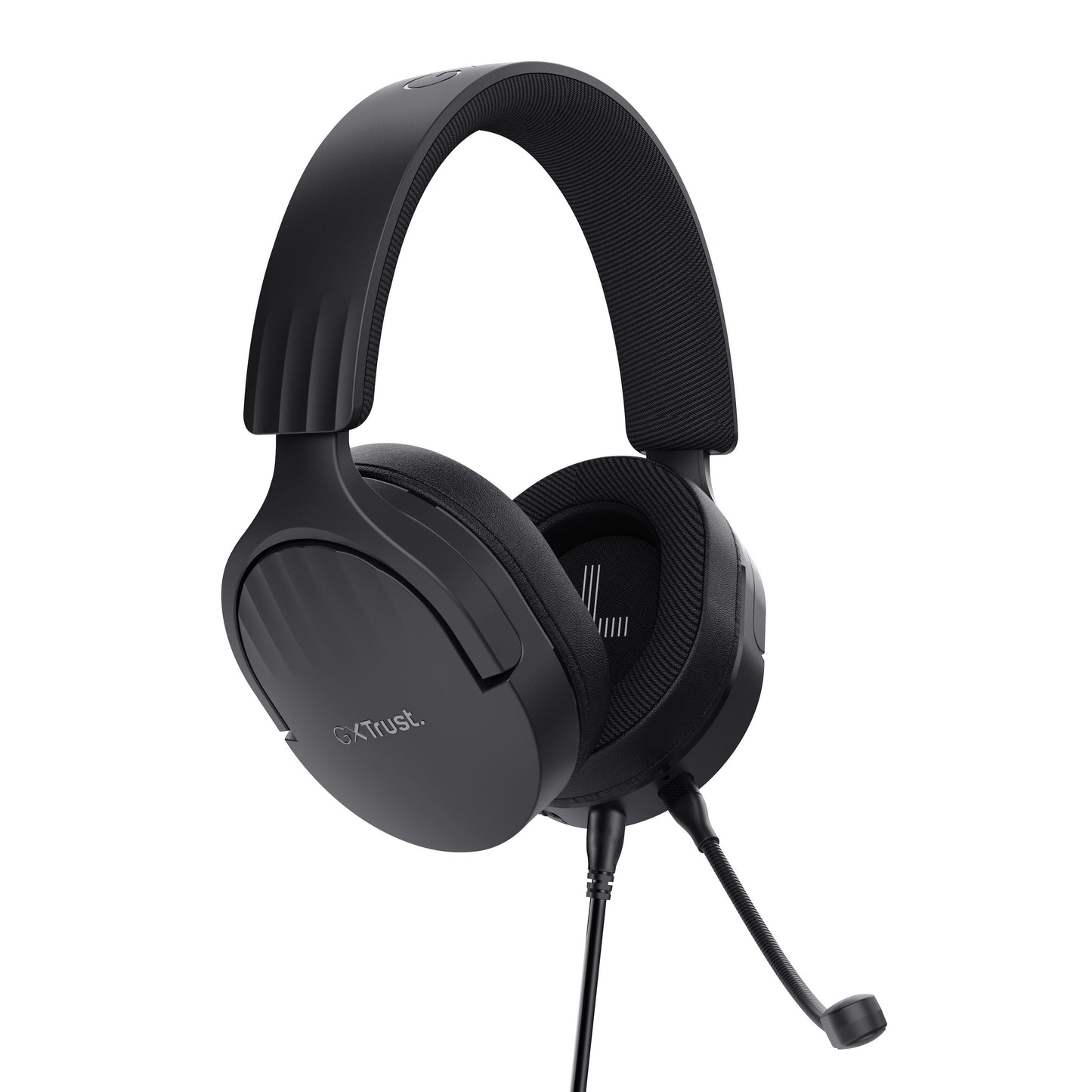 Trust GXT 489 Fayzo gaming headset, sort, polstret hovedbøjle, aftagelig mikrofon, Trust-logo på ørekoppen.
